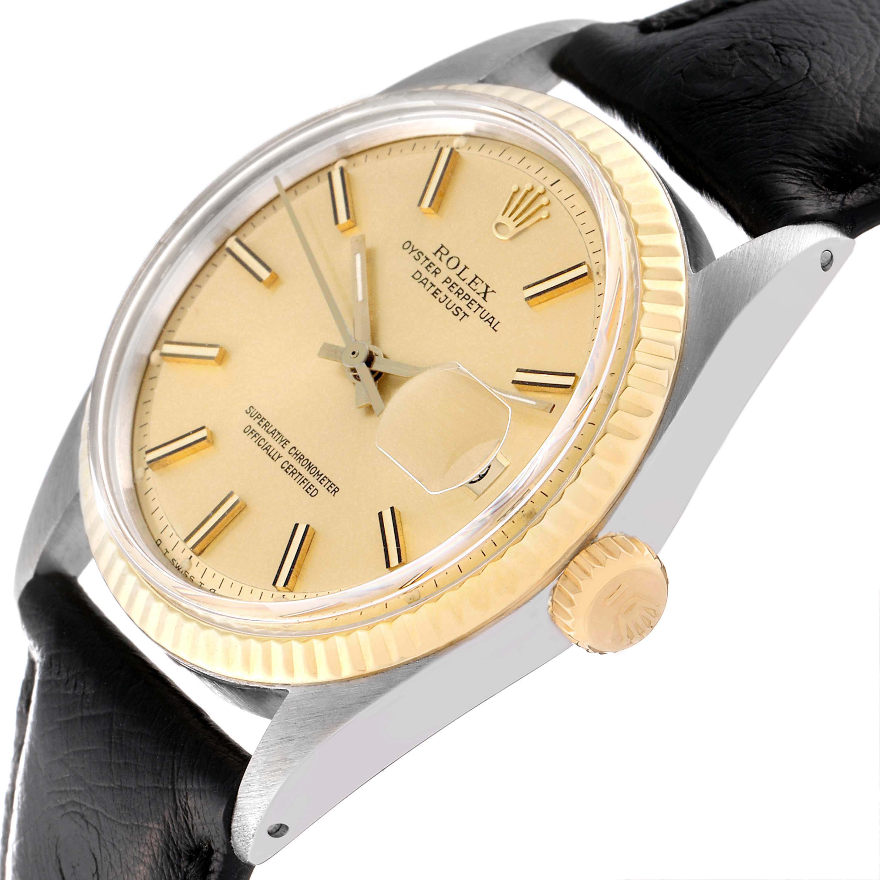 The Rolex Vintage Collection 1601 Men
s Steel and Gold (two tone) Champagne Dial 1601 Men
s Steel and Gold (two tone) Champagne Dial watch is shown from a slight side angle, highlighting its dial, crown, and leather strap.