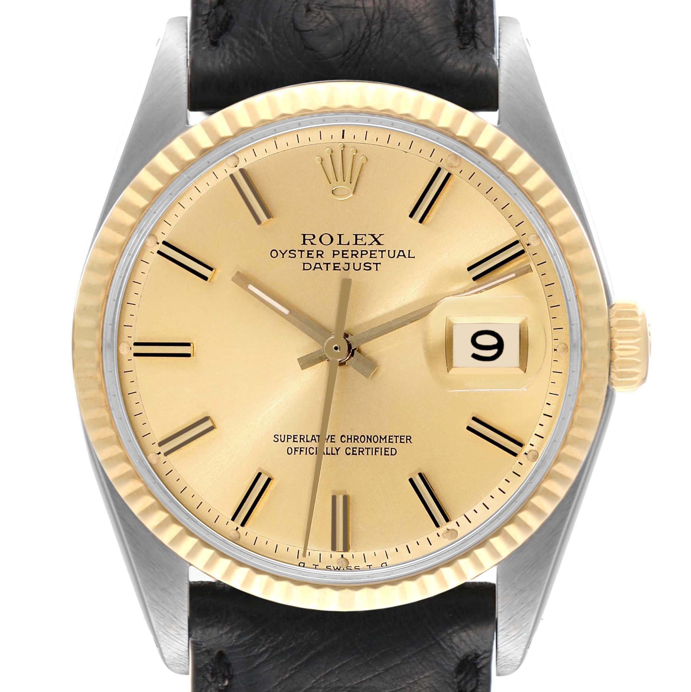 The image shows a front view of the Rolex Vintage Collection 1601 Men
s Steel and Gold (two tone) Champagne Dial 1601 Men
s Steel and Gold (two tone) Champagne Dial Oyster Perpetual Datejust watch, showcasing the dial, hands, date window, and bezel.