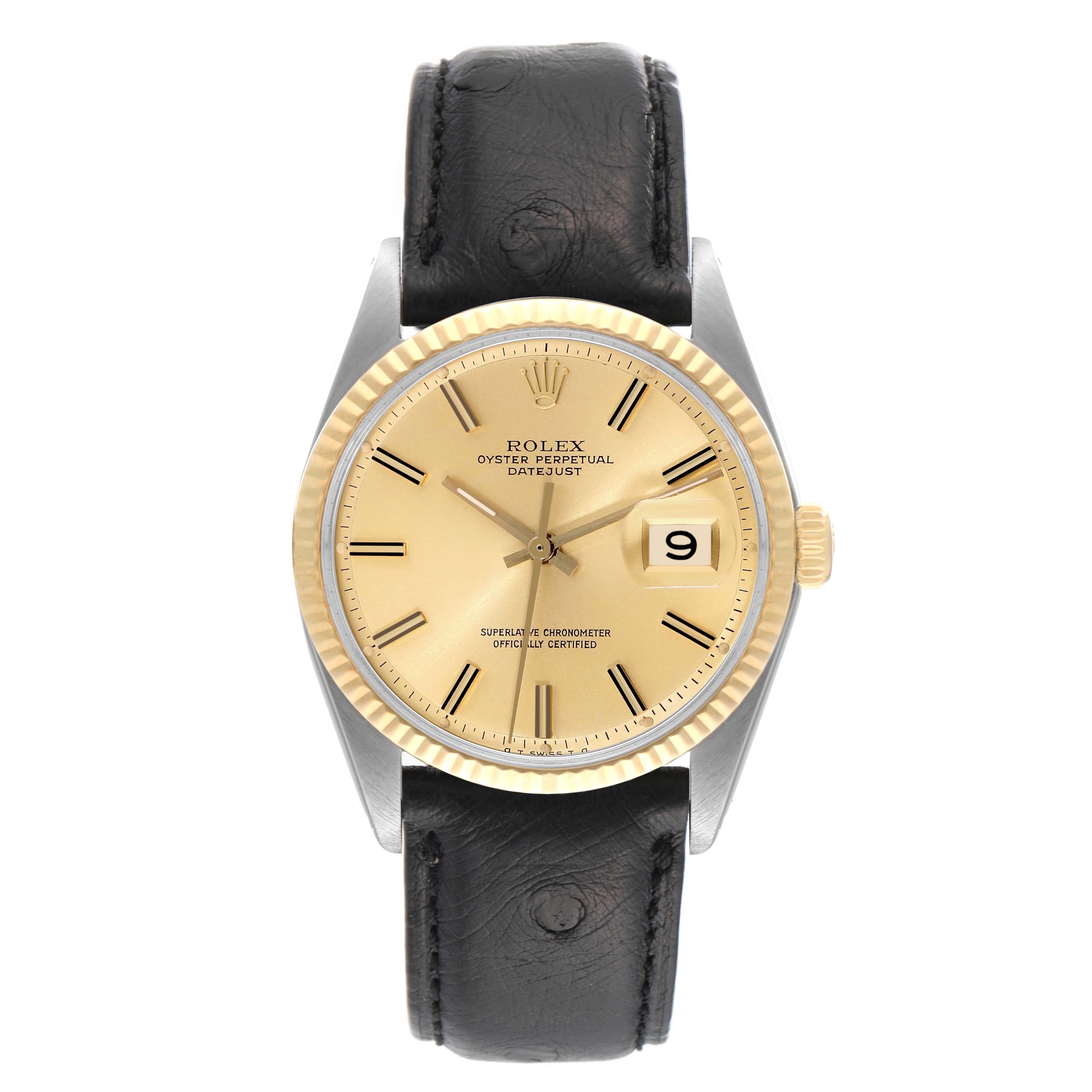 The Rolex Vintage Collection 1601 Men
s Steel and Gold (two tone) Champagne Dial 1601 Men
s Steel and Gold (two tone) Champagne Dial model watch is shown from the front, highlighting its dial, bezel, crown, and black leather strap.