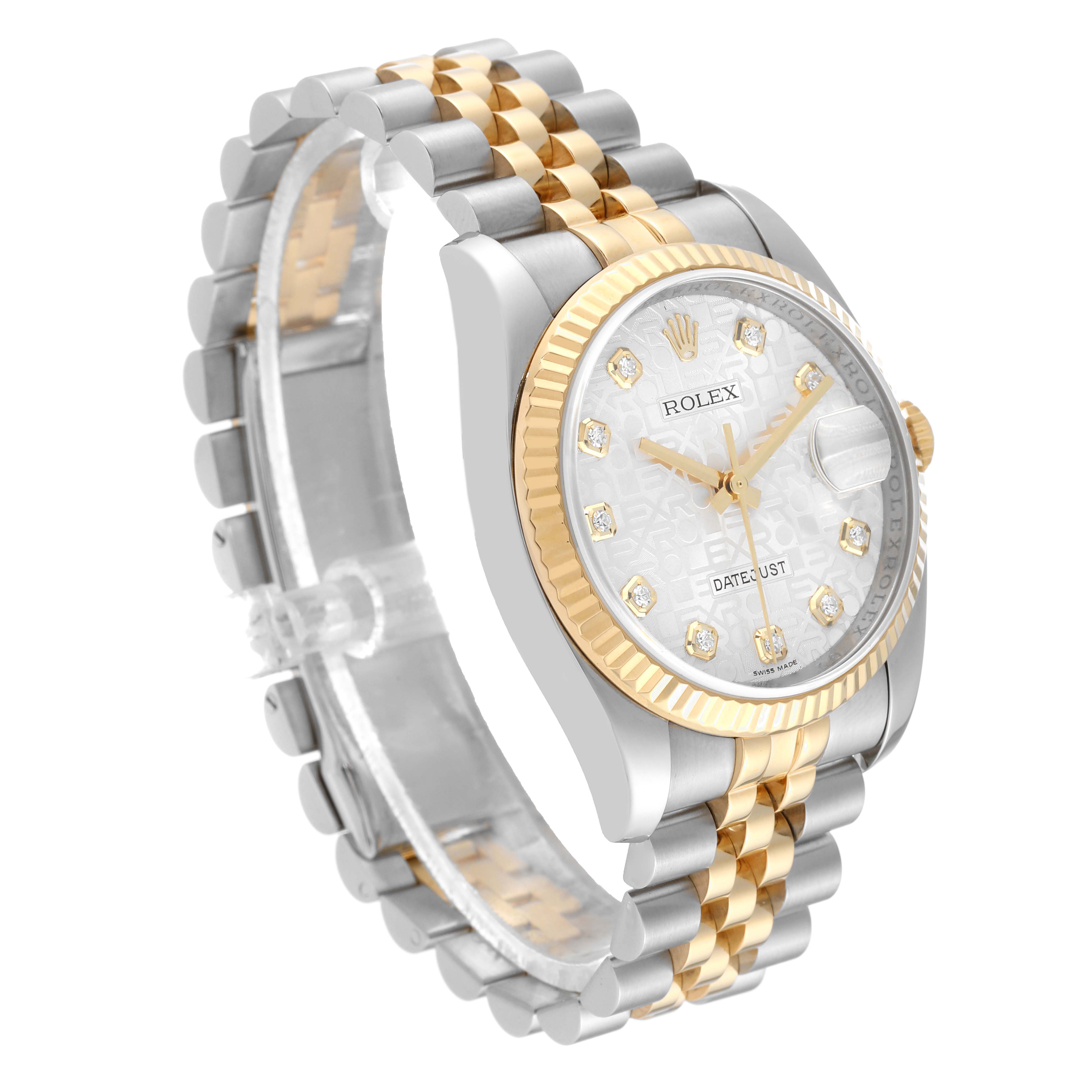 This Rolex Datejust 116233 Men's Steel and Gold (two tone) Silver Dial 116233 Men's Steel and Gold (two tone) Silver Dial watch is shown from a three-quarter angle, highlighting its two-tone bracelet, fluted bezel, and diamond markers.