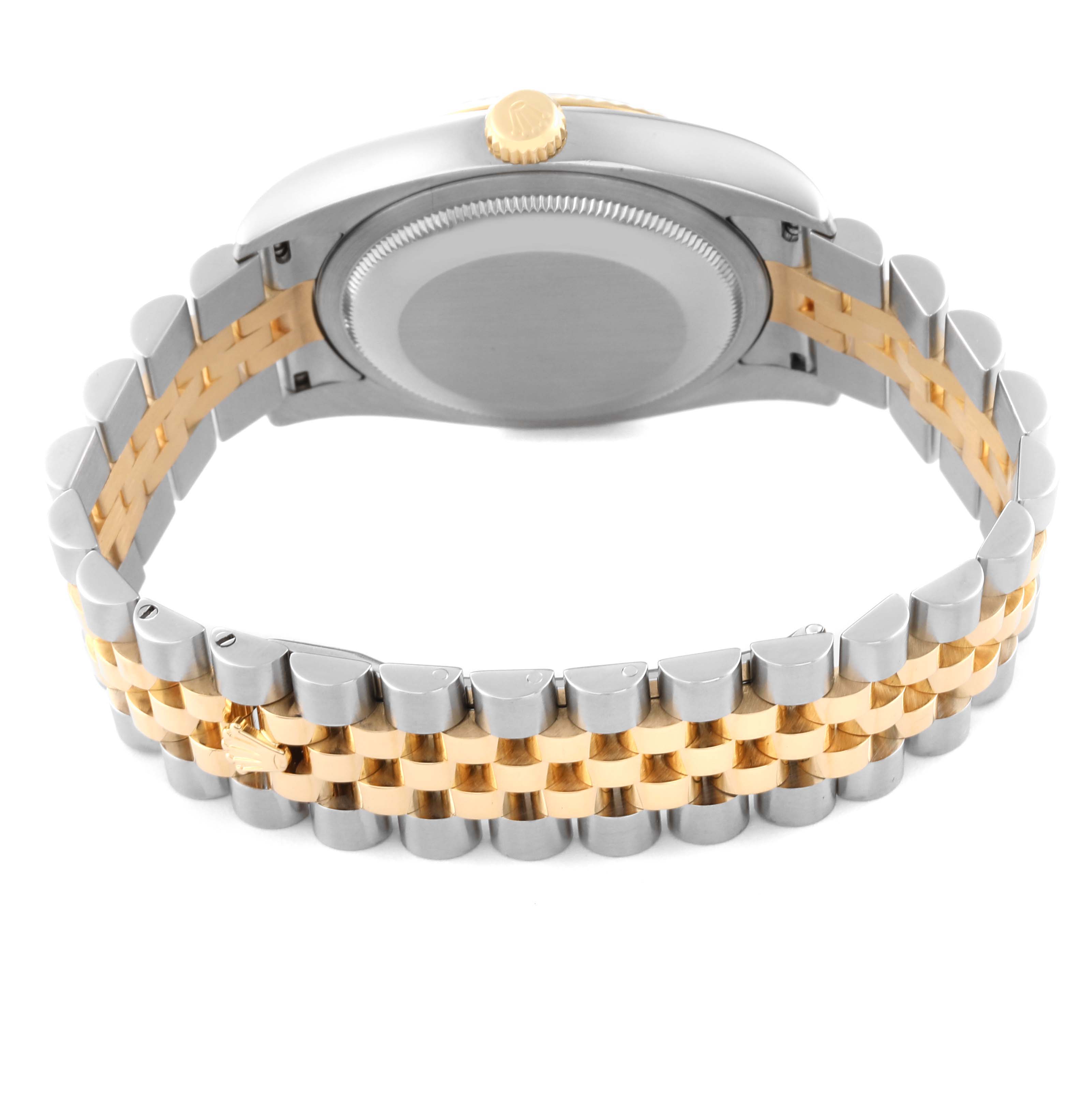 The image shows the back of a Rolex Datejust 116233 Men's Steel and Gold (two tone) Silver Dial 116233 Men's Steel and Gold (two tone) Silver Dial watch, highlighting the case, crown, and two-tone Jubilee bracelet.