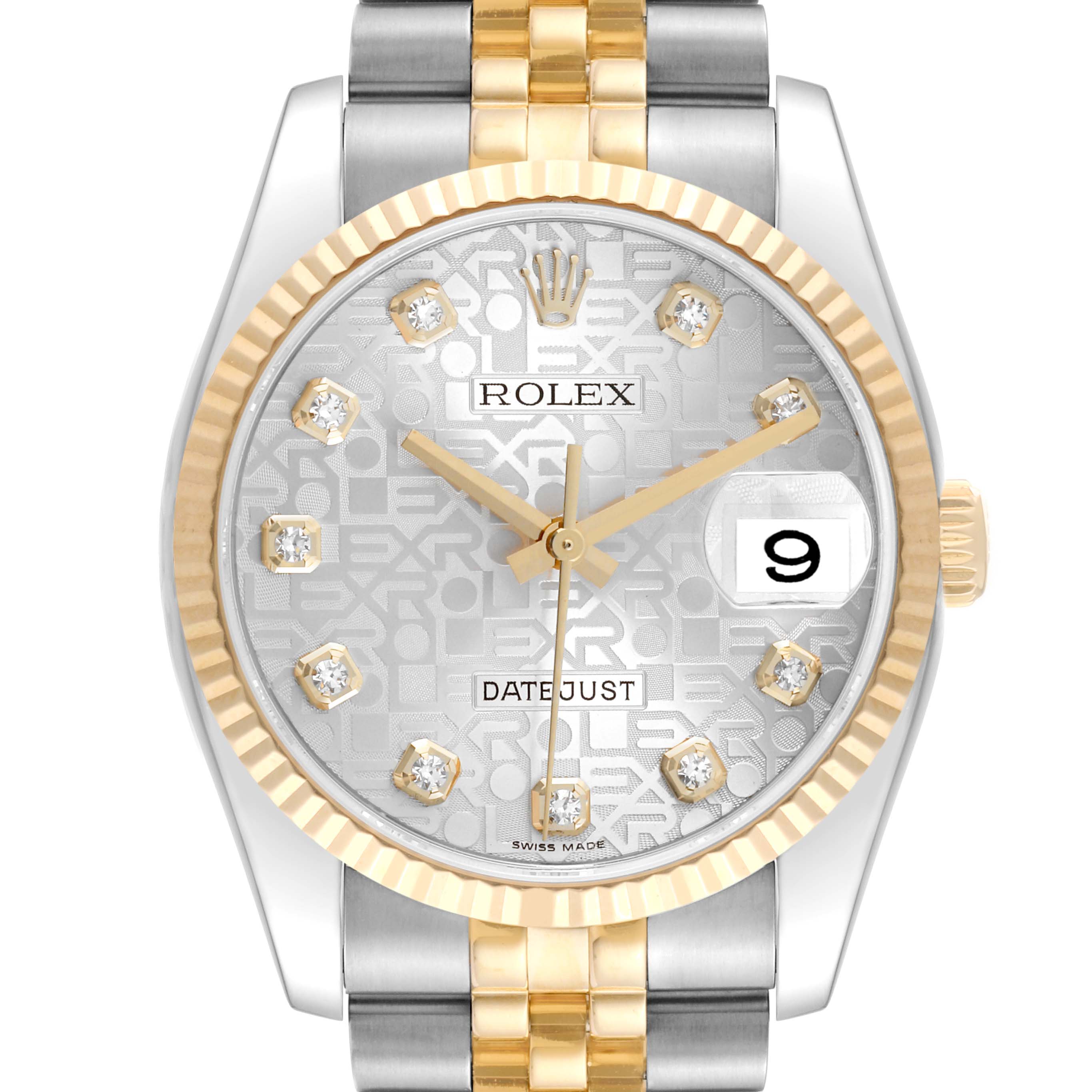 The image shows a frontal view of a Rolex Datejust 116233 Men's Steel and Gold (two tone) Silver Dial 116233 Men's Steel and Gold (two tone) Silver Dial watch featuring a two-tone bracelet, fluted bezel, and a patterned dial with diamond hour markers.