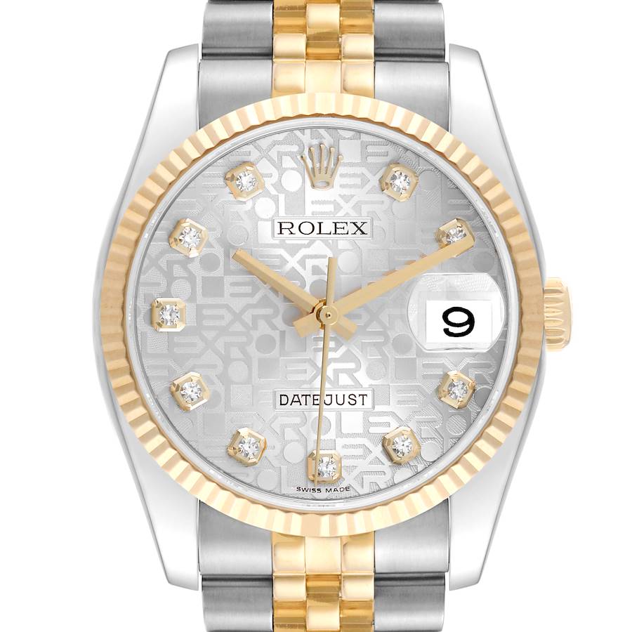 The image shows a frontal view of a Rolex Datejust watch featuring a two-tone bracelet, fluted bezel, and a patterned dial with diamond hour markers.