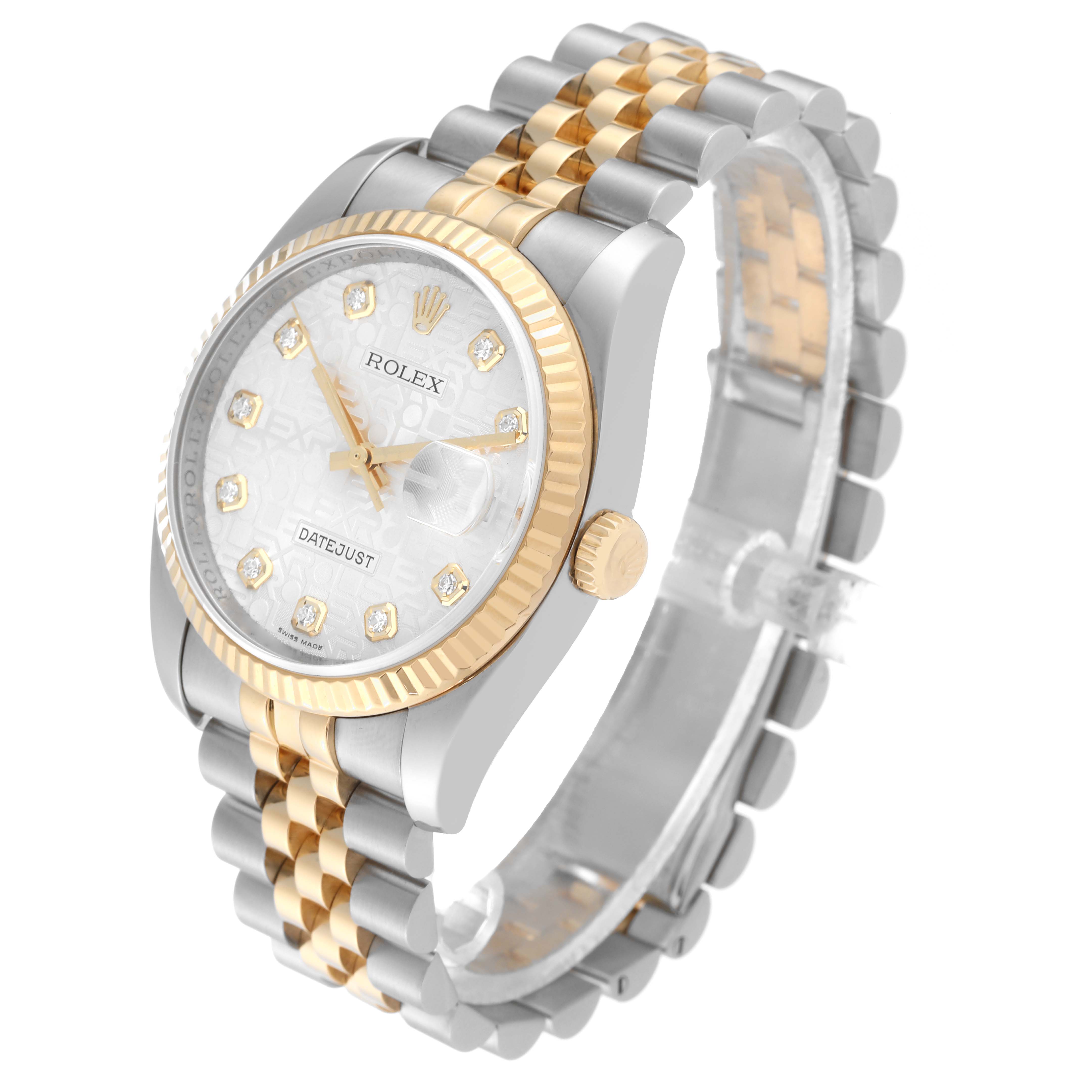 This image shows a side angle of a Rolex Datejust 116233 Men's Steel and Gold (two tone) Silver Dial 116233 Men's Steel and Gold (two tone) Silver Dial watch highlighting the case, dial, bezel, and bracelet.