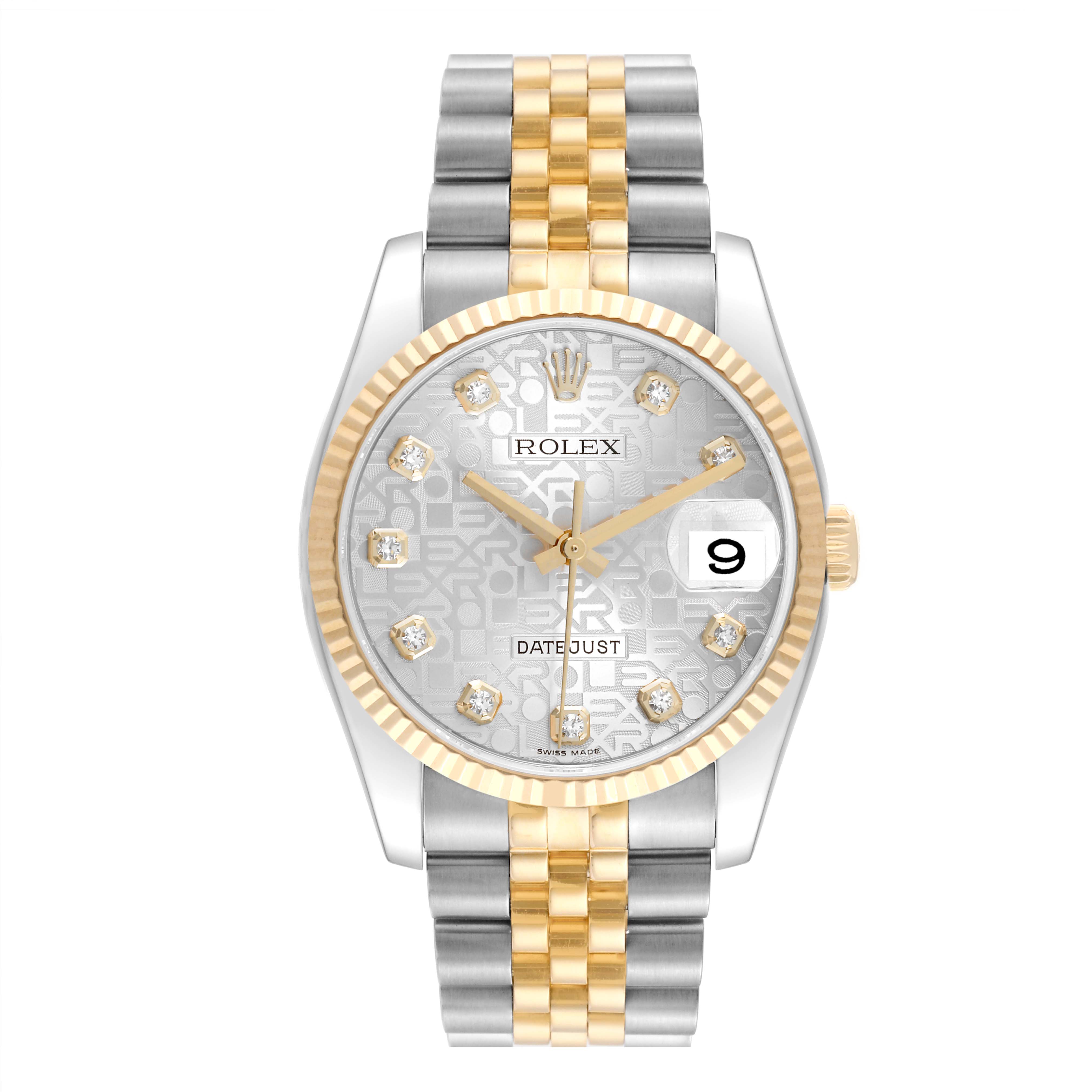 The Rolex Datejust 116233 Men's Steel and Gold (two tone) Silver Dial 116233 Men's Steel and Gold (two tone) Silver Dial watch is shown from a front angle, displaying its silver and gold bracelet, fluted bezel, and diamond hour markers.