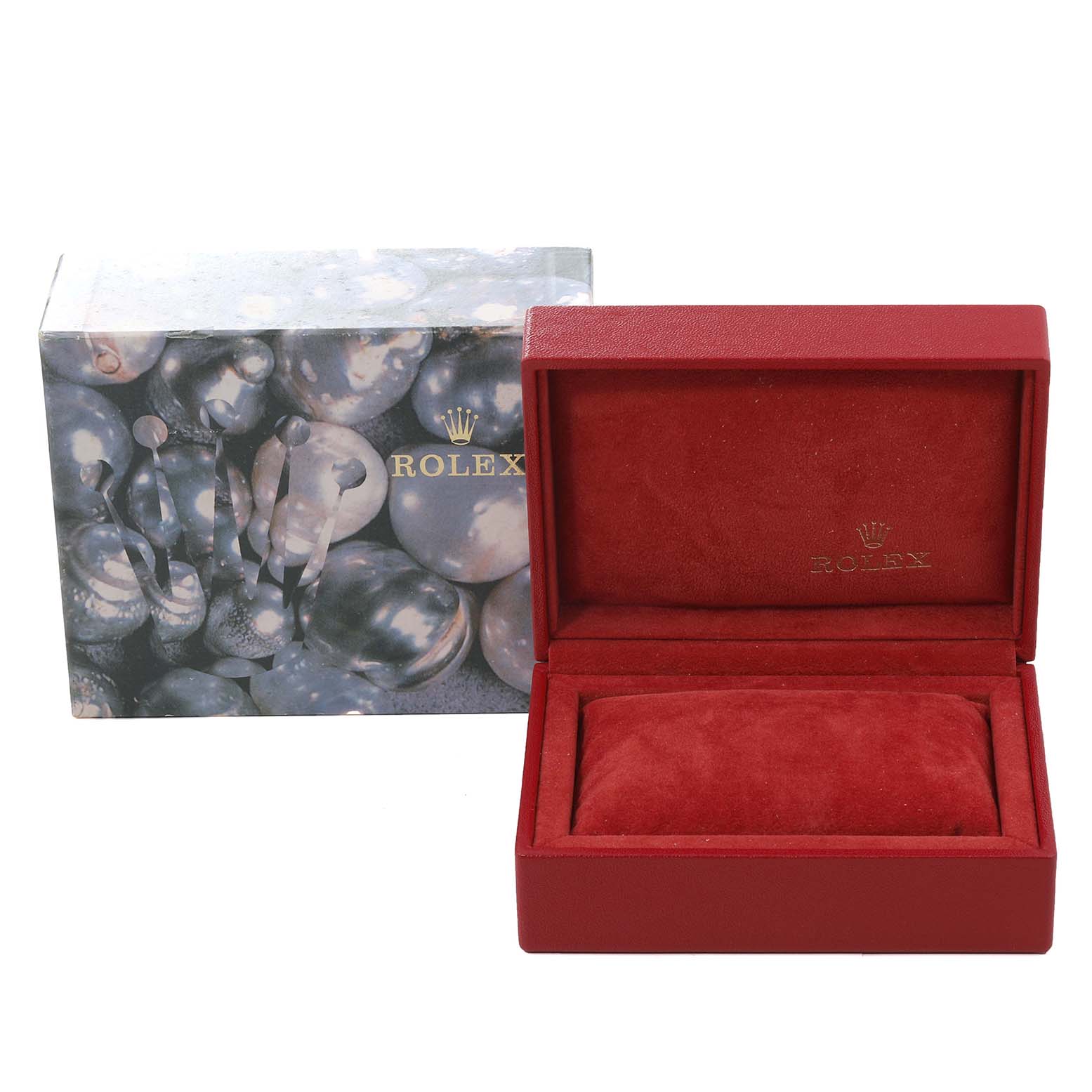 The image shows the Rolex Datejust 79163 Women's Steel and Gold (two tone) Black Dial 79163 Women's Steel and Gold (two tone) Black Dial watch box, featuring a red interior and an exterior decorative box.