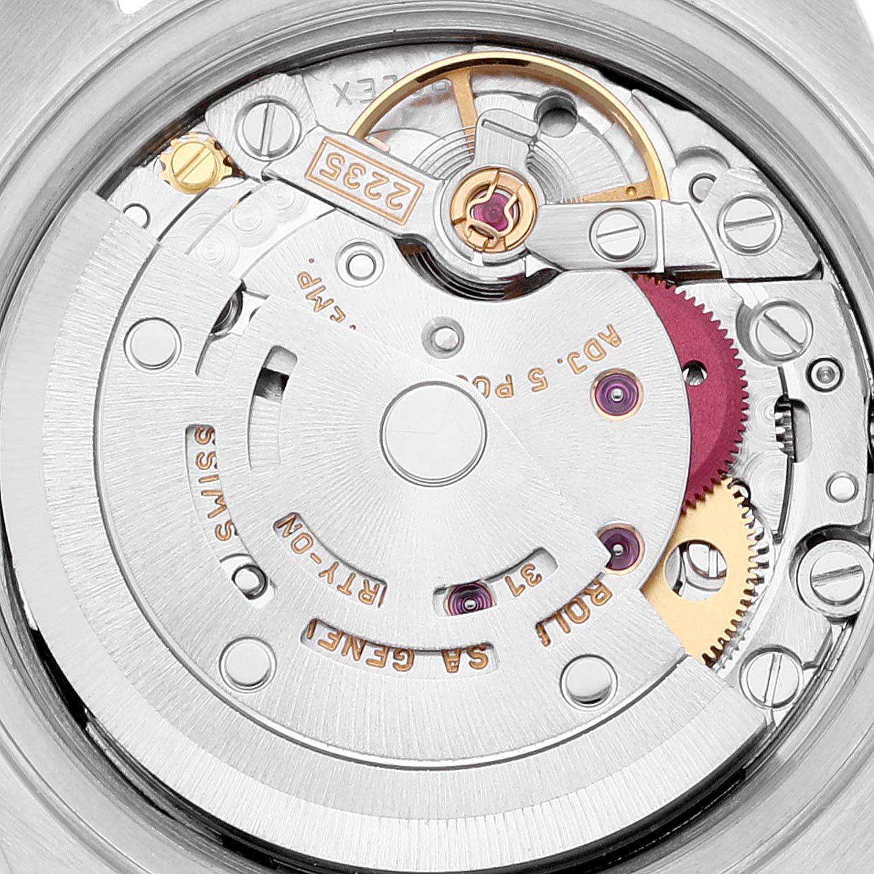 The image shows a close-up view of the movement mechanism of a Rolex Datejust 79163 Women's Steel and Gold (two tone) Black Dial 79163 Women's Steel and Gold (two tone) Black Dial watch.