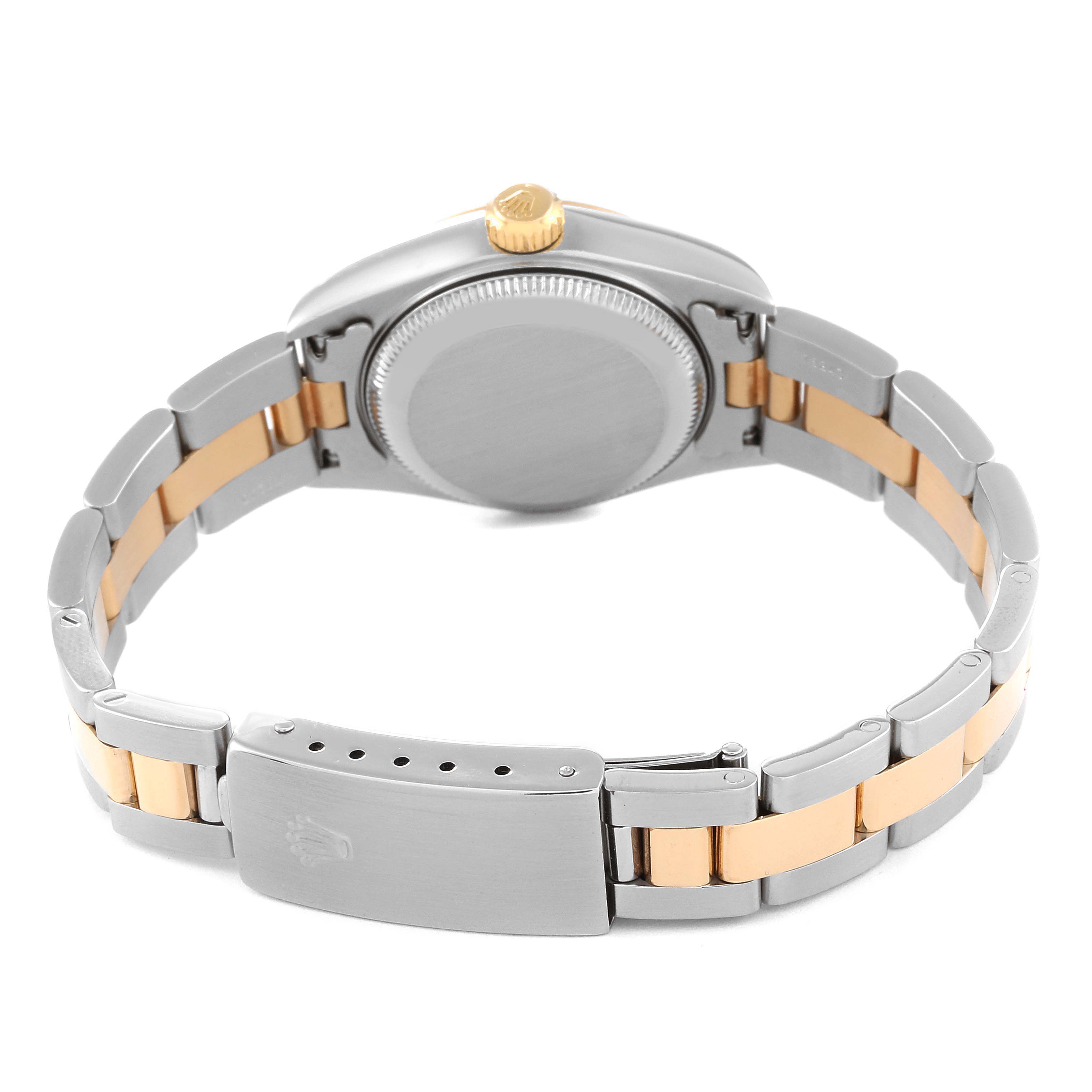 The image shows the back case and bracelet of a Rolex Datejust 79163 Women's Steel and Gold (two tone) Black Dial 79163 Women's Steel and Gold (two tone) Black Dial watch, with a focus on the clasp and the crown.