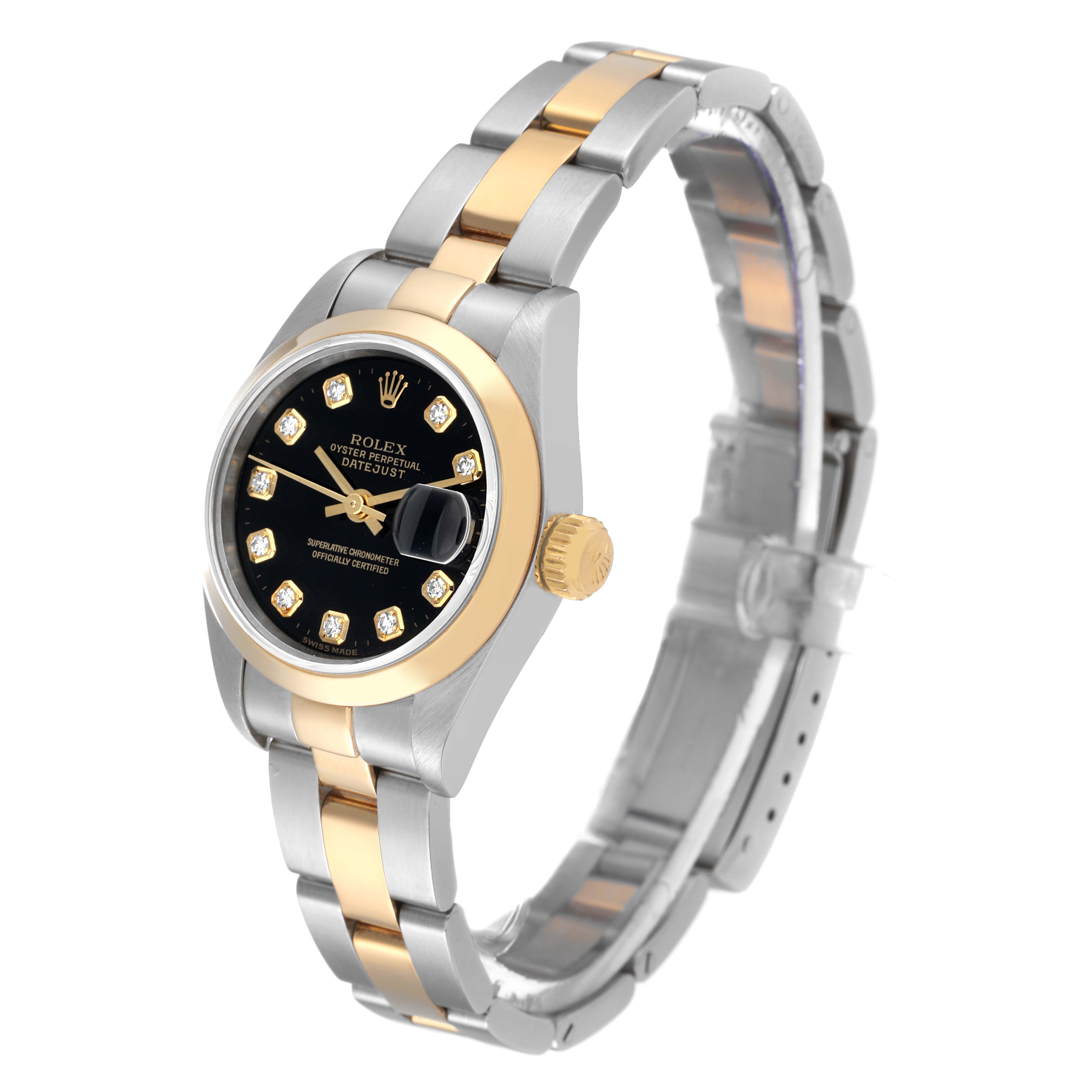 This image shows a Rolex Datejust 79163 Women's Steel and Gold (two tone) Black Dial 79163 Women's Steel and Gold (two tone) Black Dial watch at a three-quarter angle, highlighting the face, bezel, and two-tone bracelet.