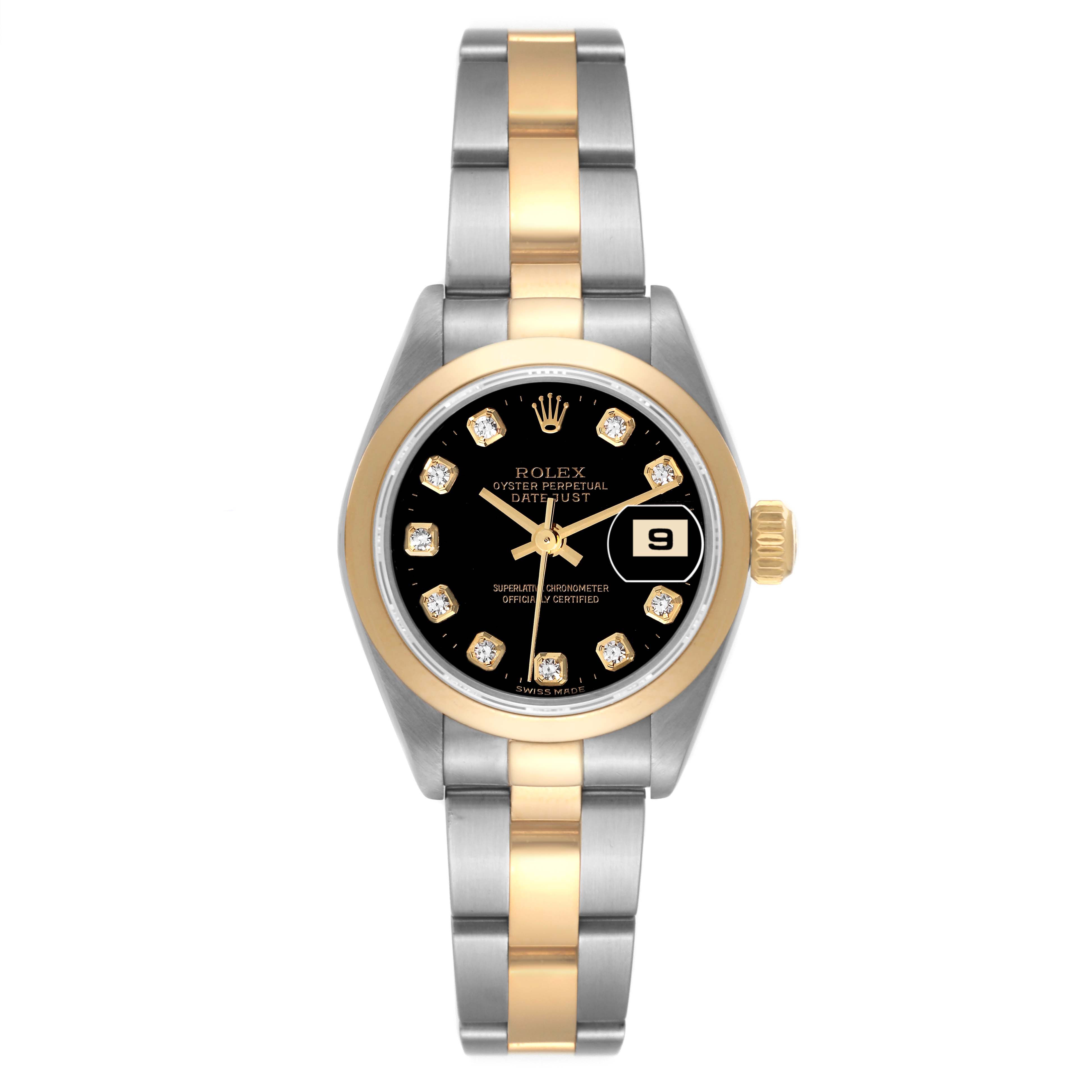 The Rolex Datejust 79163 Women's Steel and Gold (two tone) Black Dial 79163 Women's Steel and Gold (two tone) Black Dial watch is shown from a top-view angle, displaying its face, bezel, and part of the bracelet.