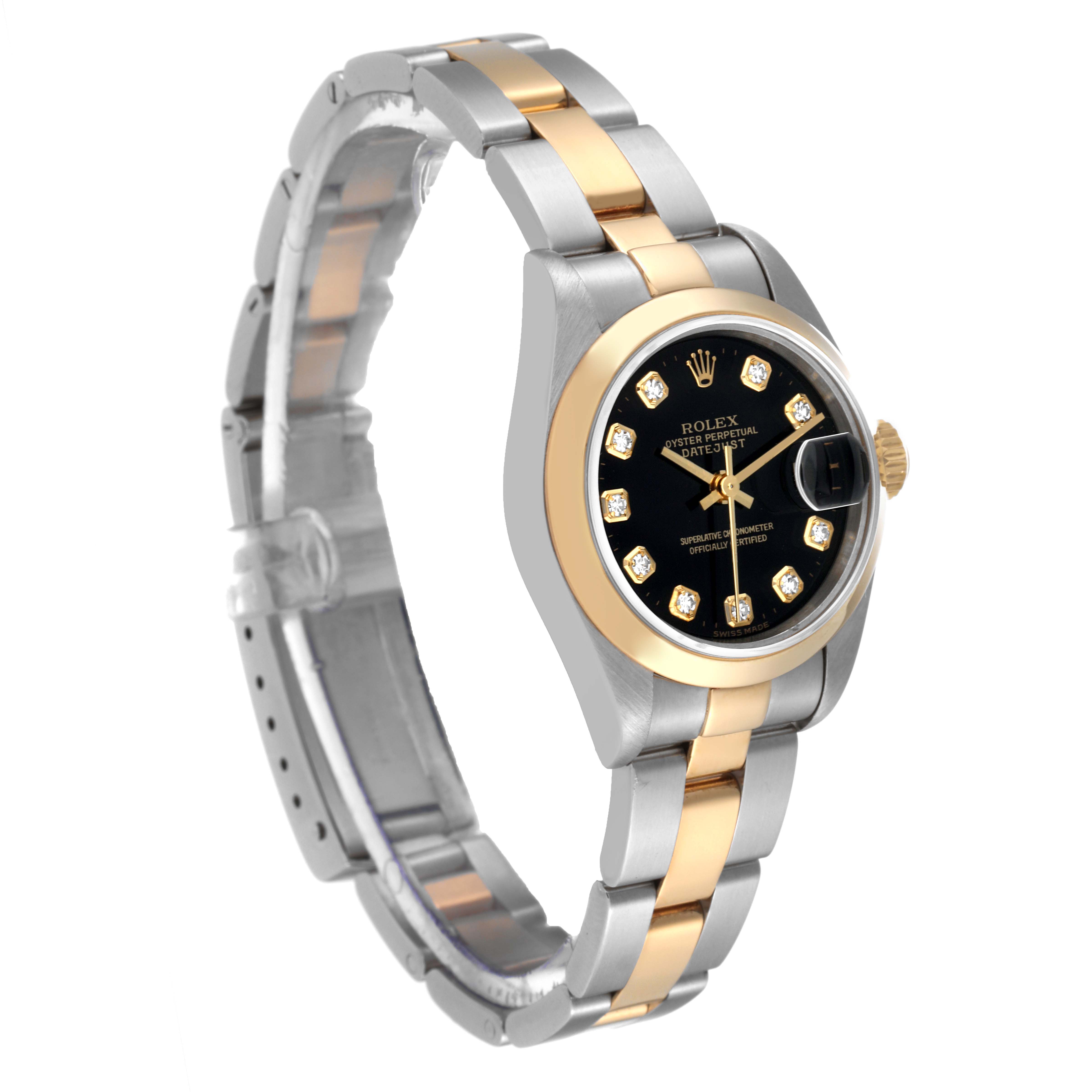 The image shows a side view of a Rolex Datejust 79163 Women's Steel and Gold (two tone) Black Dial 79163 Women's Steel and Gold (two tone) Black Dial watch, highlighting the two-tone strap, black dial, and gold bezel.