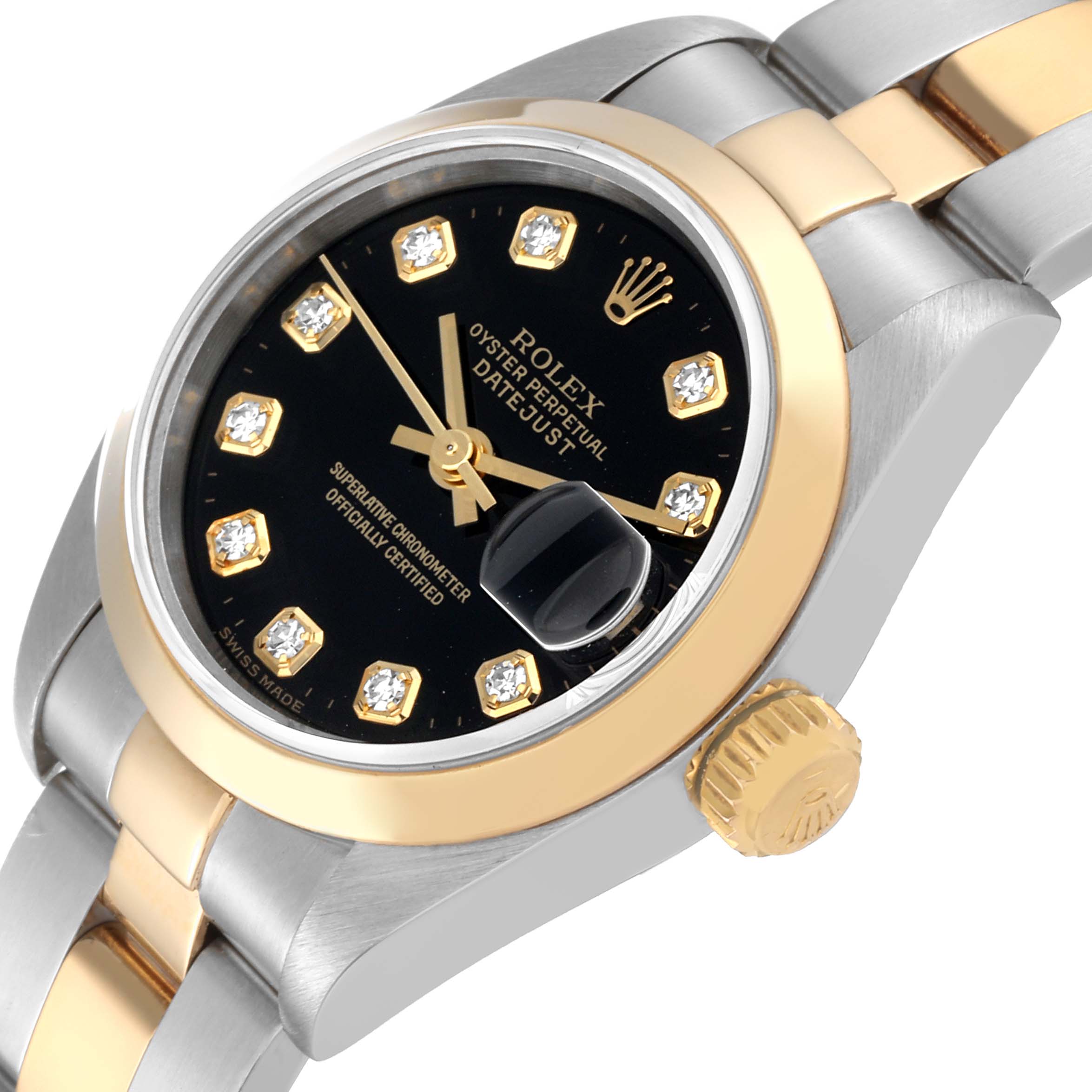 This image shows a close-up angled view of a Rolex Datejust 79163 Women's Steel and Gold (two tone) Black Dial 79163 Women's Steel and Gold (two tone) Black Dial watch, highlighting the dial, crown, and bracelet.