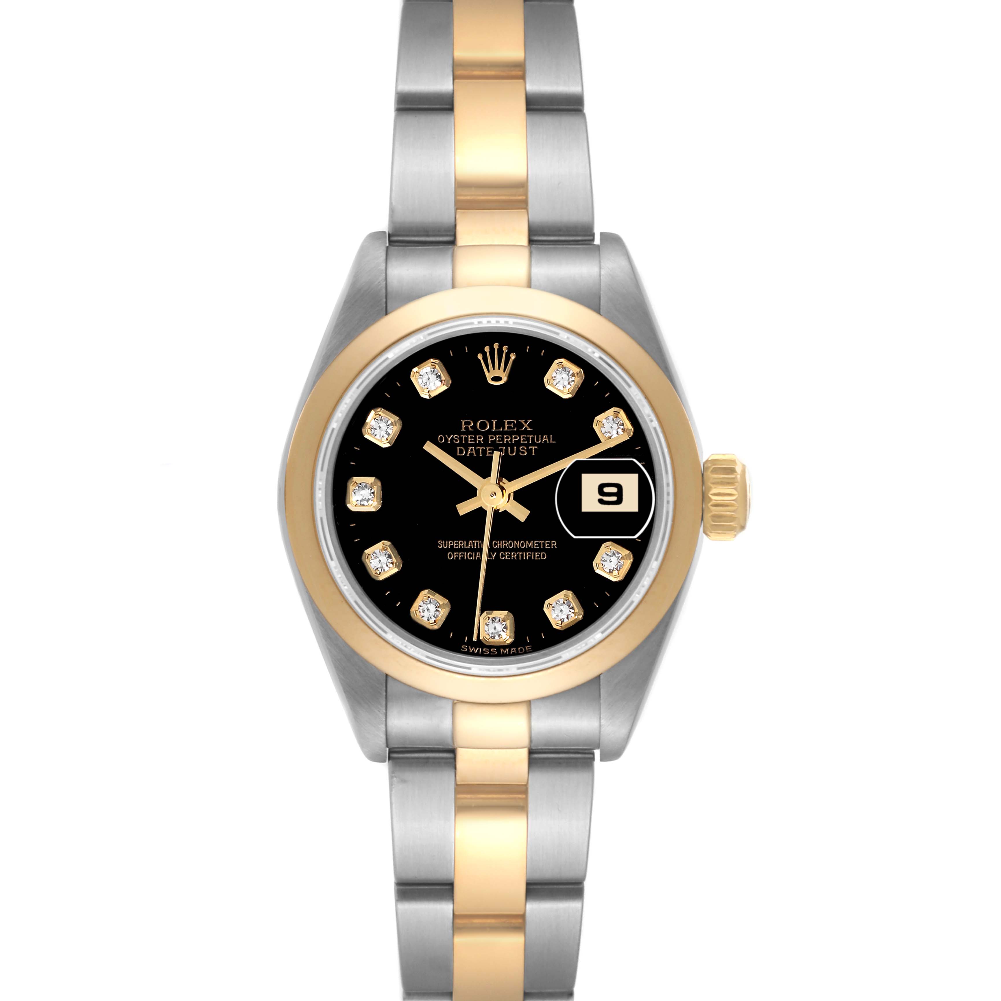 The Rolex Datejust 79163 Women's Steel and Gold (two tone) Black Dial 79163 Women's Steel and Gold (two tone) Black Dial watch is shown from the front, displaying the face, bezel, and part of the bracelet.