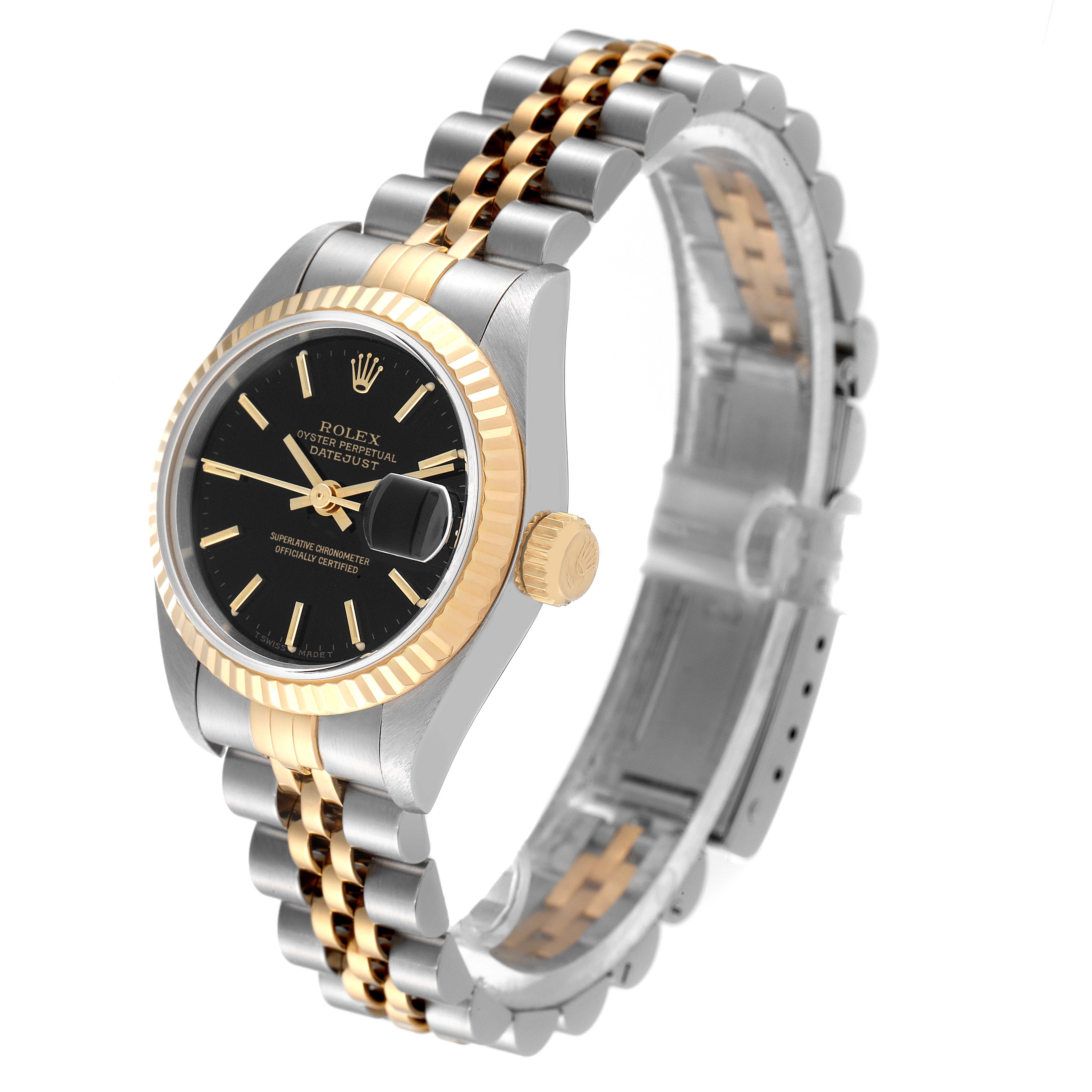 The image shows a Rolex Datejust 69173 Women's Steel and Gold (two tone) Black Dial 69173 Women's Steel and Gold (two tone) Black Dial watch angled slightly to the left, displaying the face, bezel, crown, and part of the bracelet.