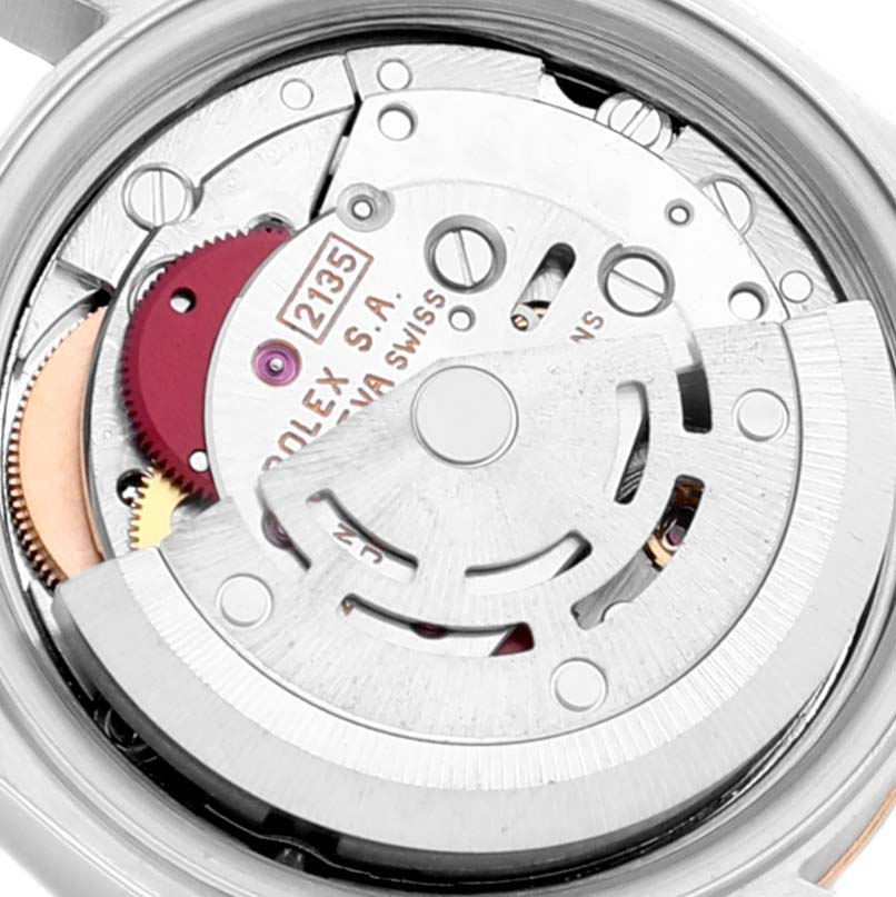 This image shows the internal movement mechanism of the Rolex Datejust 69173 Women's Steel and Gold (two tone) Black Dial 69173 Women's Steel and Gold (two tone) Black Dial watch from a rear angle.