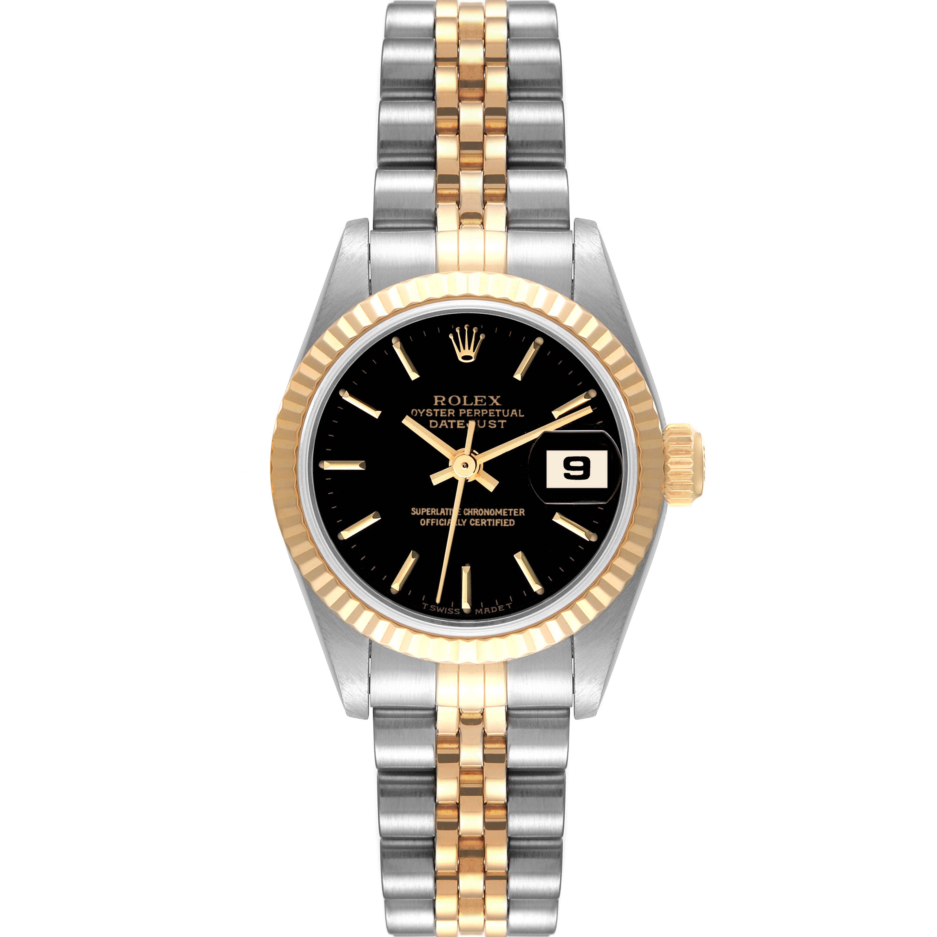 This is a frontal view of a Rolex Datejust 69173 Women's Steel and Gold (two tone) Black Dial 69173 Women's Steel and Gold (two tone) Black Dial watch showcasing the dial, bezel, crown, and bracelet.