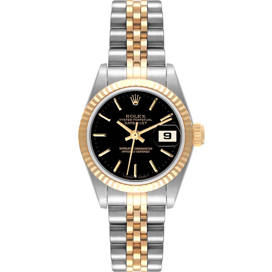 Rolex Datejust Steel Yellow Gold Fluted Bezel Black Dial Watch 69173 Box Papers SwissWatchExpo