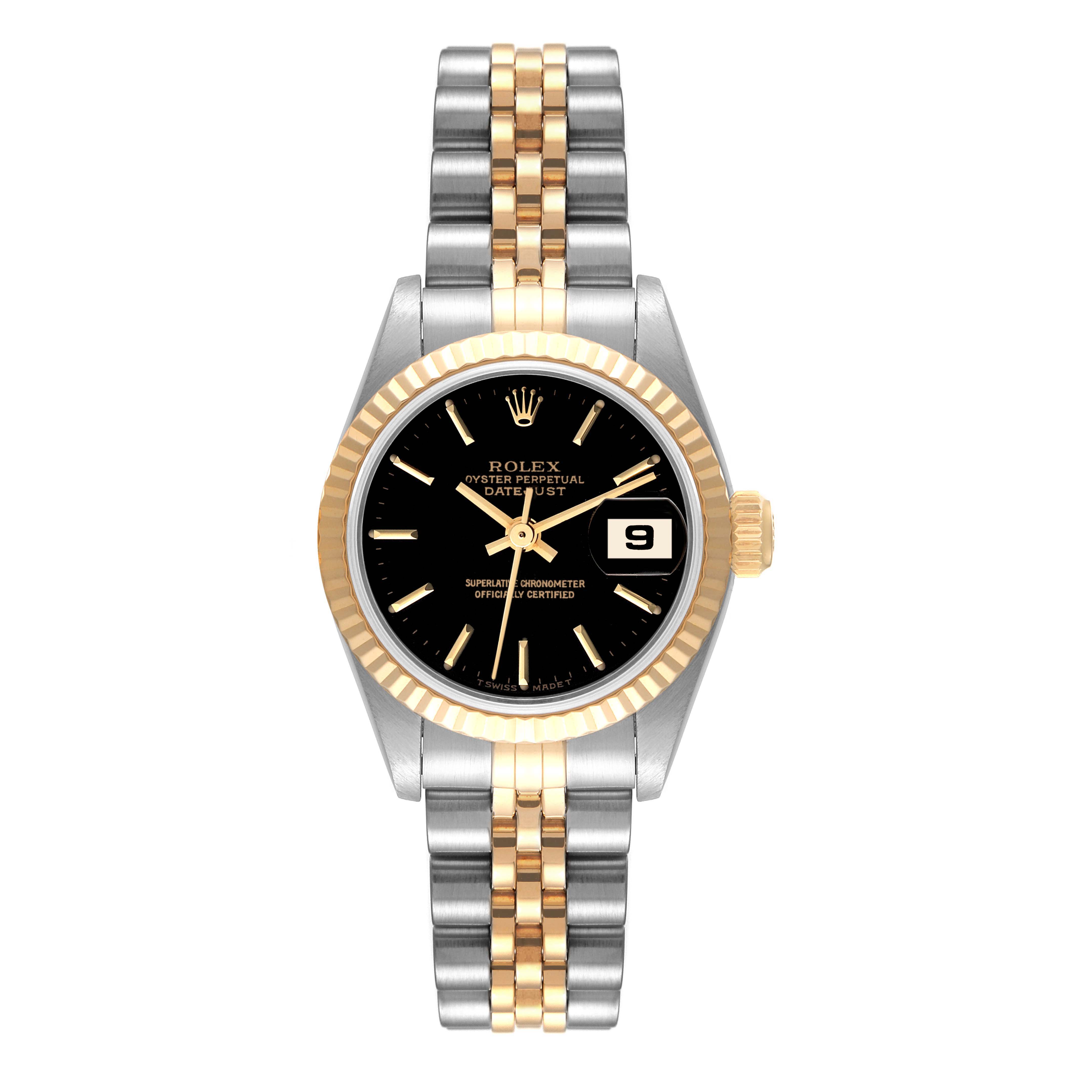 This image shows a Rolex Datejust 69173 Women's Steel and Gold (two tone) Black Dial 69173 Women's Steel and Gold (two tone) Black Dial watch from a front angle, displaying the black dial, gold bezel, and bi-metallic bracelet.
