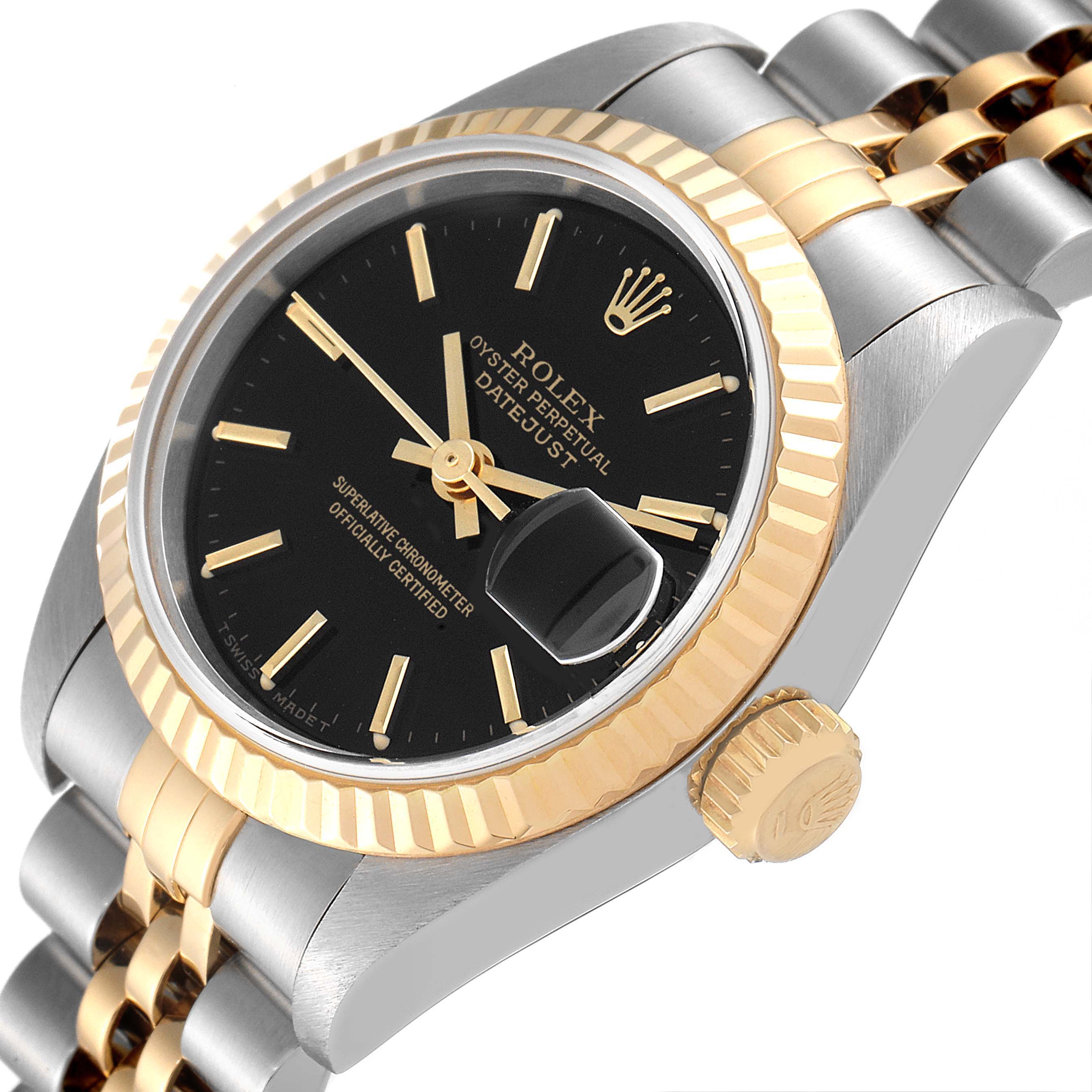 The image shows a side angle close-up of a Rolex Datejust 69173 Women's Steel and Gold (two tone) Black Dial 69173 Women's Steel and Gold (two tone) Black Dial watch, highlighting the bezel, dial, crown, and part of the bracelet.