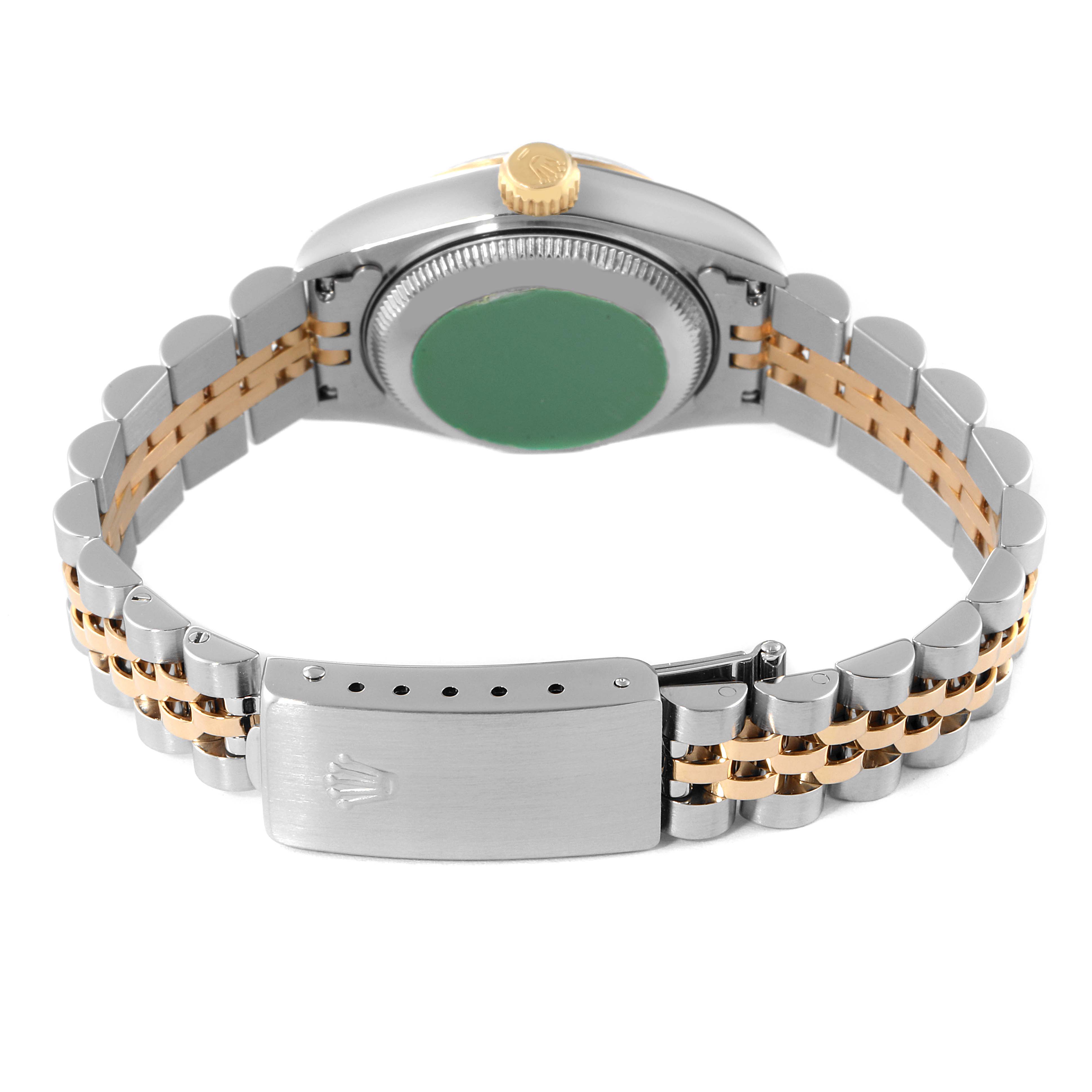 The image shows the back angle of the Rolex Datejust 69173 Women's Steel and Gold (two tone) Black Dial 69173 Women's Steel and Gold (two tone) Black Dial watch, highlighting its bracelet and clasp.