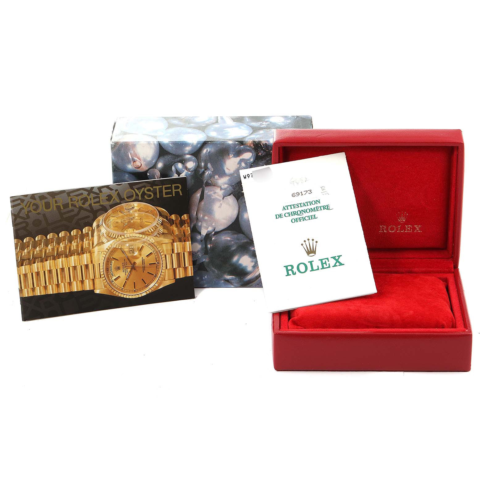 The image shows a Rolex Datejust 69173 Women's Steel and Gold (two tone) Black Dial 69173 Women's Steel and Gold (two tone) Black Dial model box, certificate, and promotional card from a front angle.