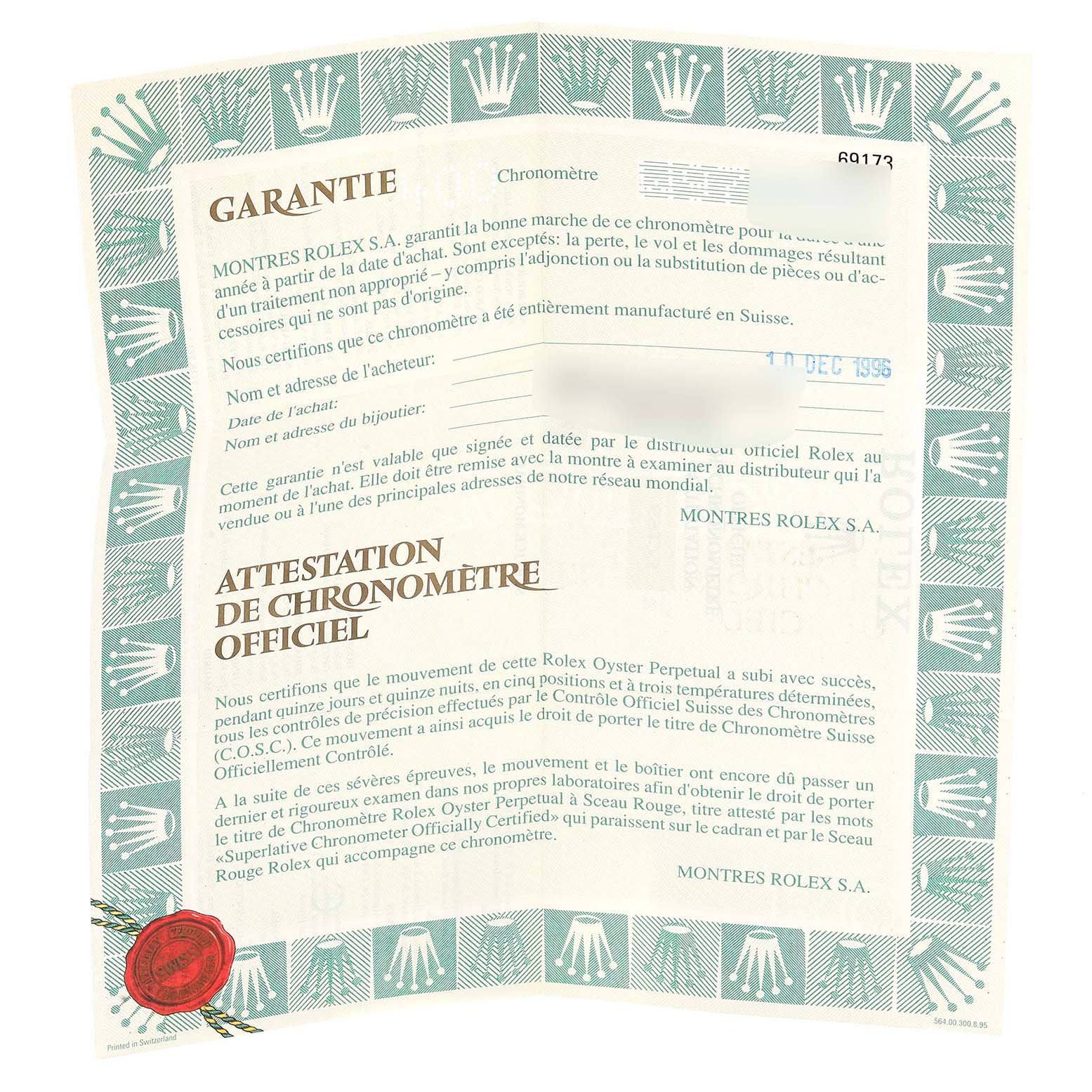 The image shows a warranty certificate and chronometer certification for a Rolex Datejust 69173 Women's Steel and Gold (two tone) Black Dial 69173 Women's Steel and Gold (two tone) Black Dial model.