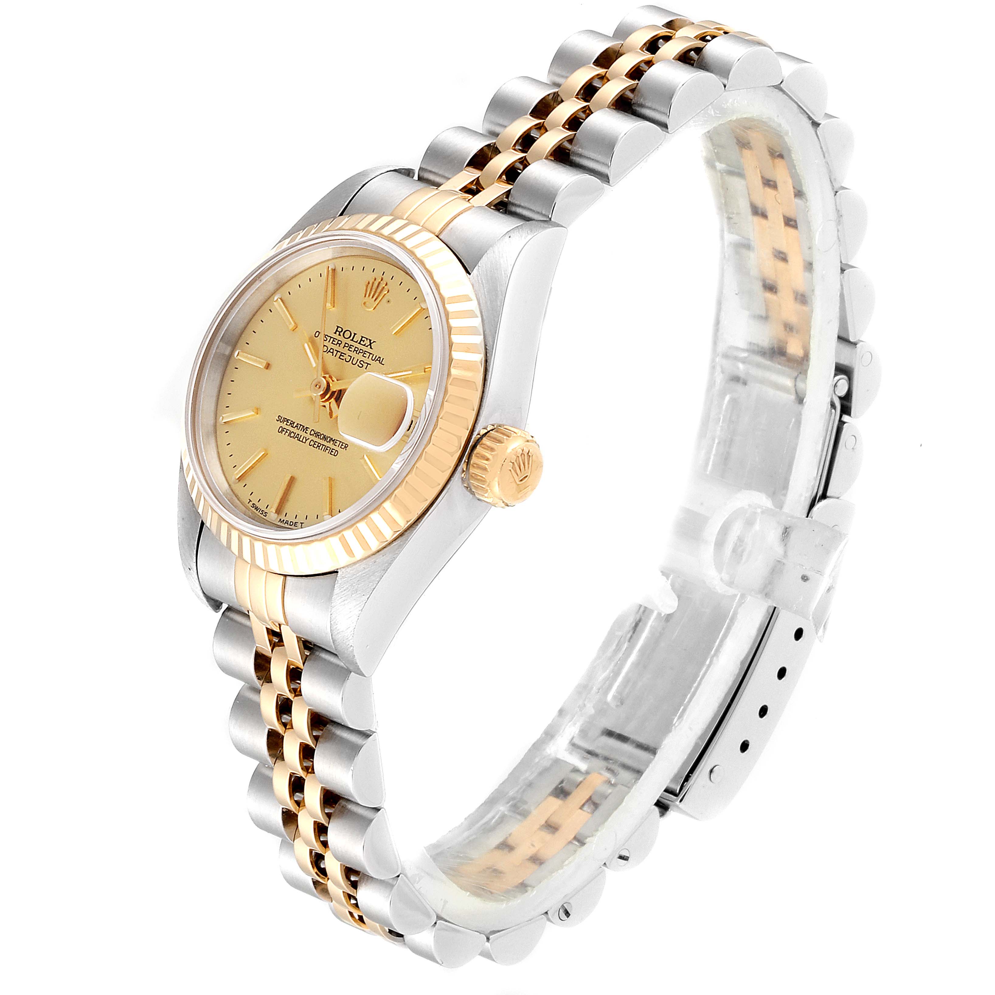 The image shows a Rolex Datejust 69173 Women
s Steel and Gold (two tone) Champagne Dial 69173 Women
s Steel and Gold (two tone) Champagne Dial watch with a gold and silver bracelet, viewed at an angled side perspective.