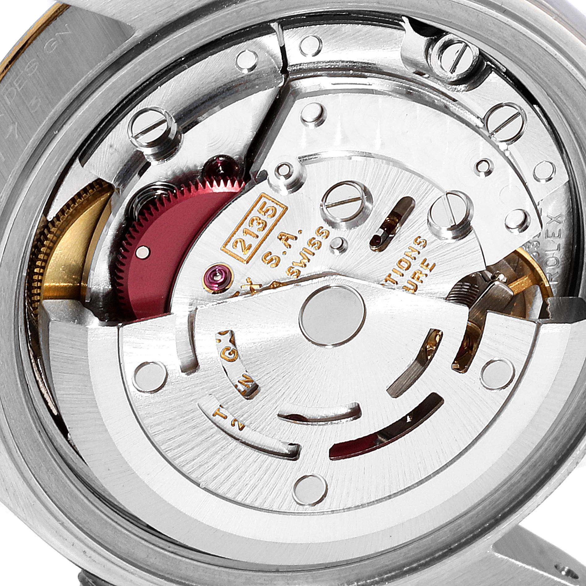 The image shows the intricate movement mechanism of a Rolex Datejust 69173 Women
s Steel and Gold (two tone) Champagne Dial 69173 Women
s Steel and Gold (two tone) Champagne Dial model from a close-up, rear-angle perspective.