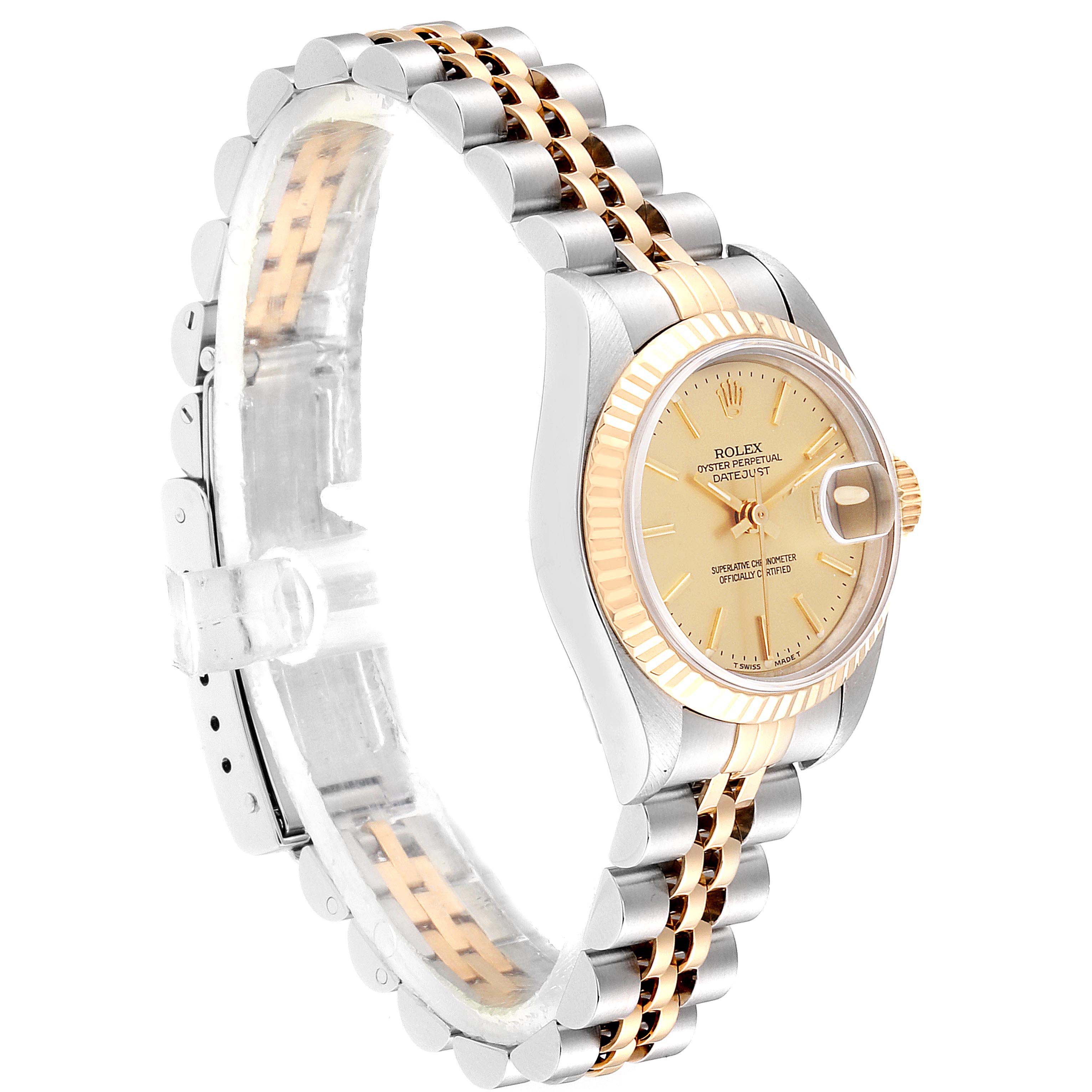 This image shows a Rolex Datejust 69173 Women
s Steel and Gold (two tone) Champagne Dial 69173 Women
s Steel and Gold (two tone) Champagne Dial watch at a slight angle, highlighting the dial, bezel, and two-tone bracelet.