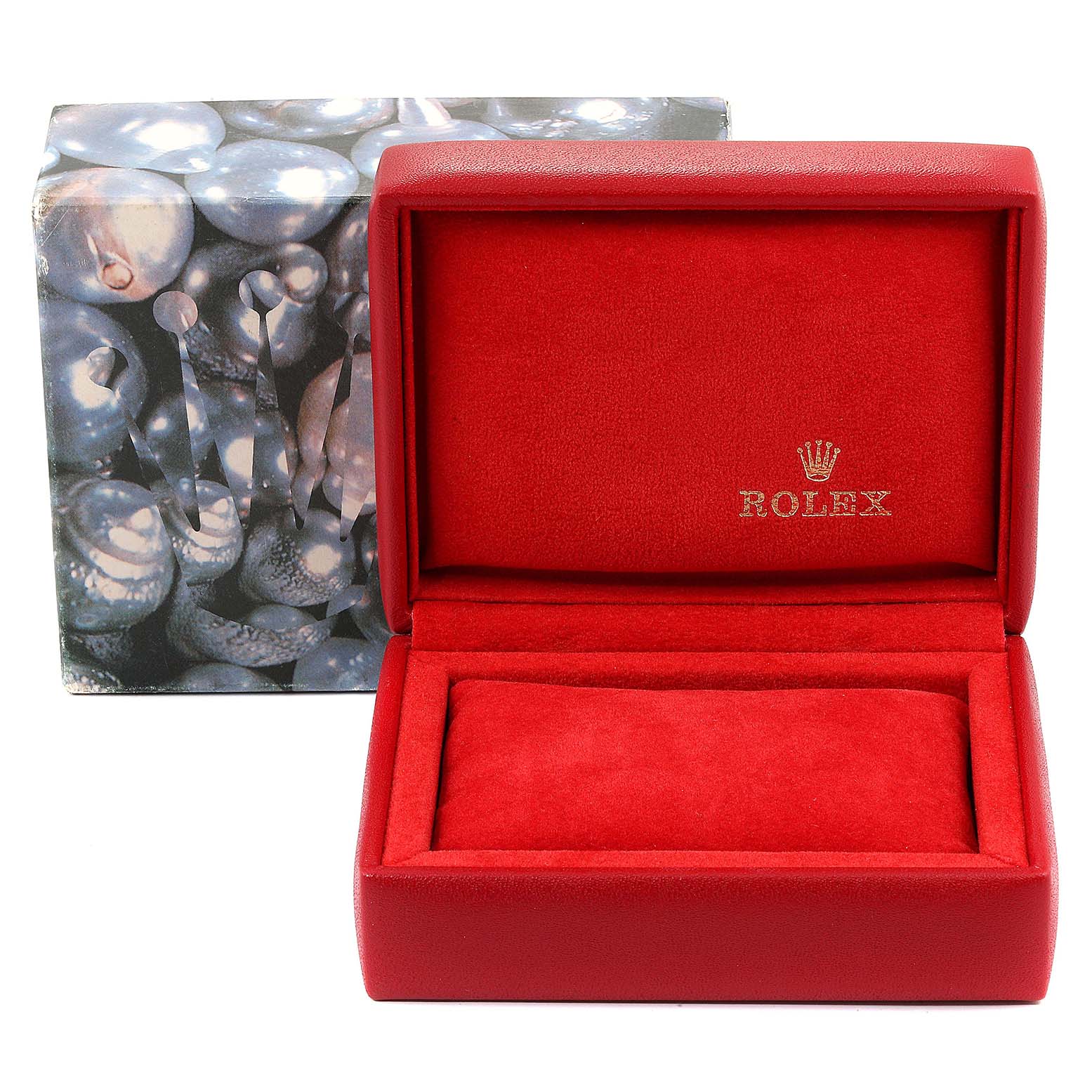 The image shows an empty red Rolex Datejust 69173 Women
s Steel and Gold (two tone) Champagne Dial 69173 Women
s Steel and Gold (two tone) Champagne Dial watch box and its outer case from a front angle.