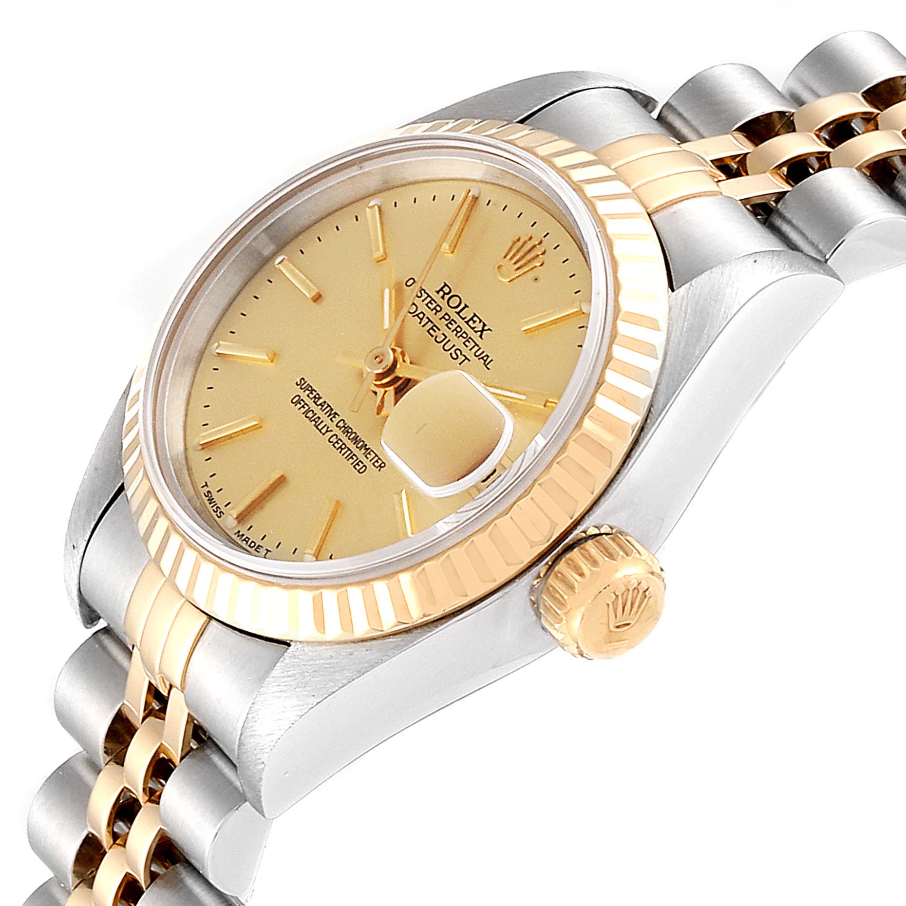 The image shows a Rolex Datejust 69173 Women
s Steel and Gold (two tone) Champagne Dial 69173 Women
s Steel and Gold (two tone) Champagne Dial watch angled to display the bezel, crown, dial, and part of the bracelet.