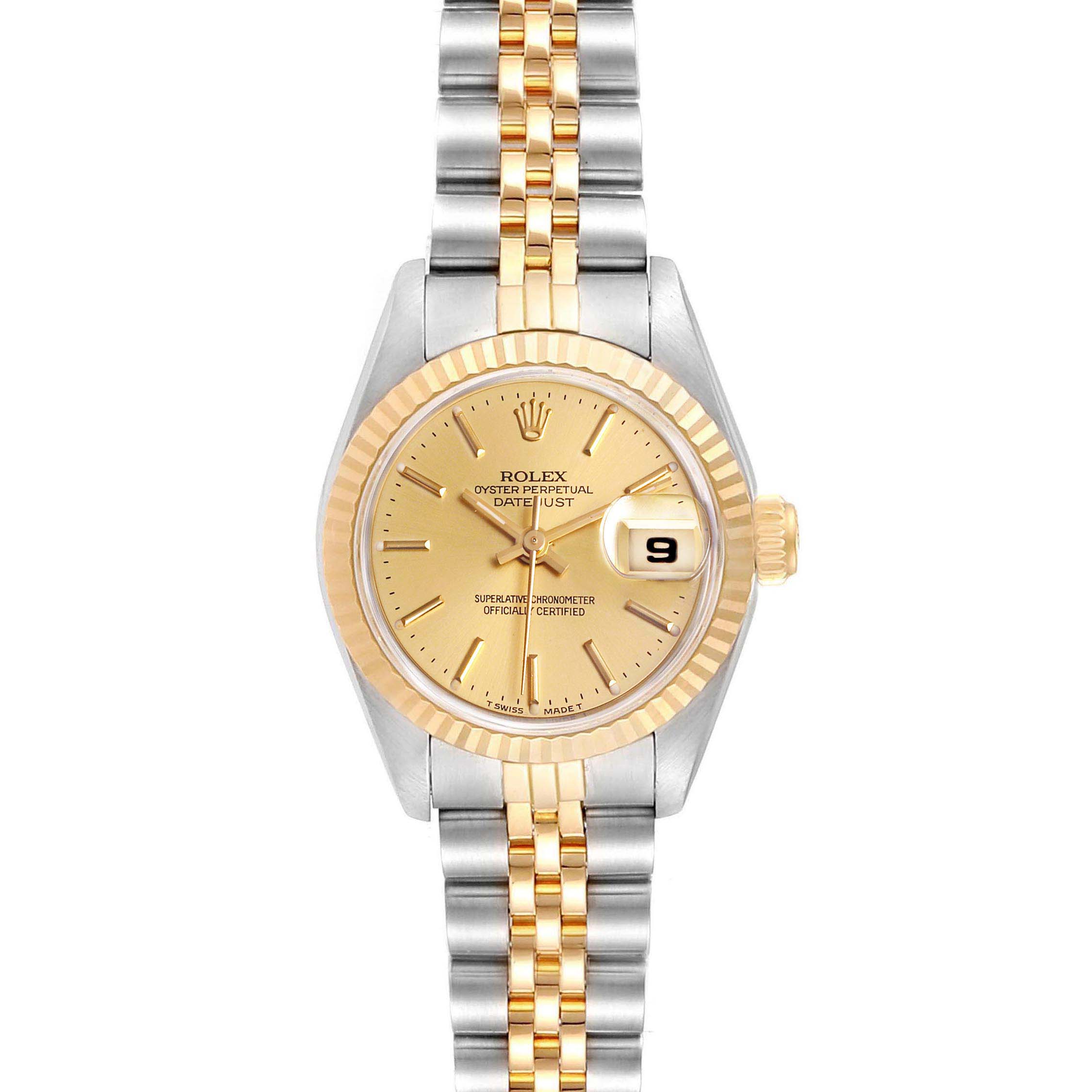 The image shows a front view of a Rolex Datejust 69173 Women
s Steel and Gold (two tone) Champagne Dial 69173 Women
s Steel and Gold (two tone) Champagne Dial watch, highlighting its two-tone bracelet and gold dial with date window.