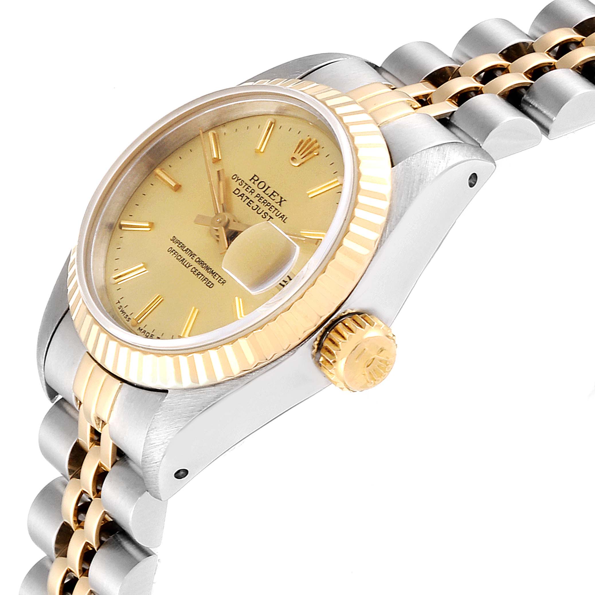 The image shows a side angle of a Rolex Datejust 69173 Women
s Steel and Gold (two tone) Champagne Dial 69173 Women
s Steel and Gold (two tone) Champagne Dial watch, highlighting its crown, bezel, dial, and part of the bracelet.