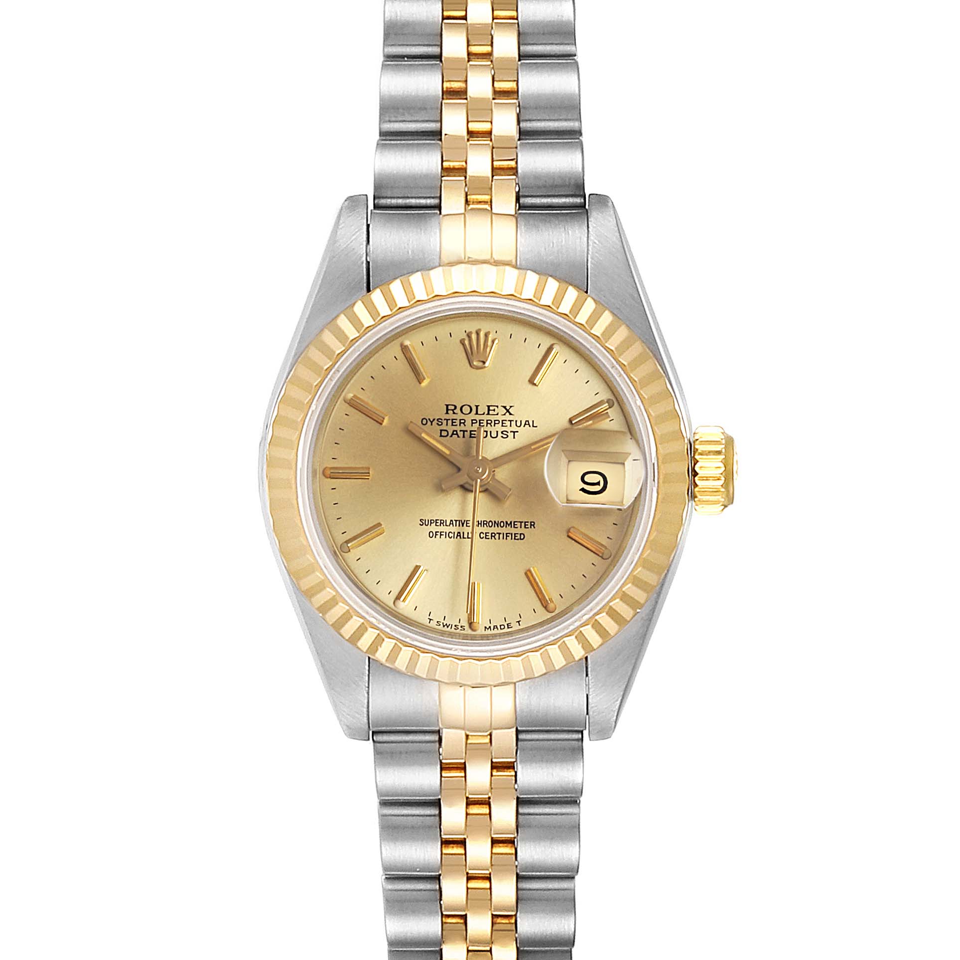 This image shows a frontal view of a Rolex Datejust 69173 Women
s Steel and Gold (two tone) Champagne Dial 69173 Women
s Steel and Gold (two tone) Champagne Dial watch displaying its dial, bezel, and two-tone bracelet.