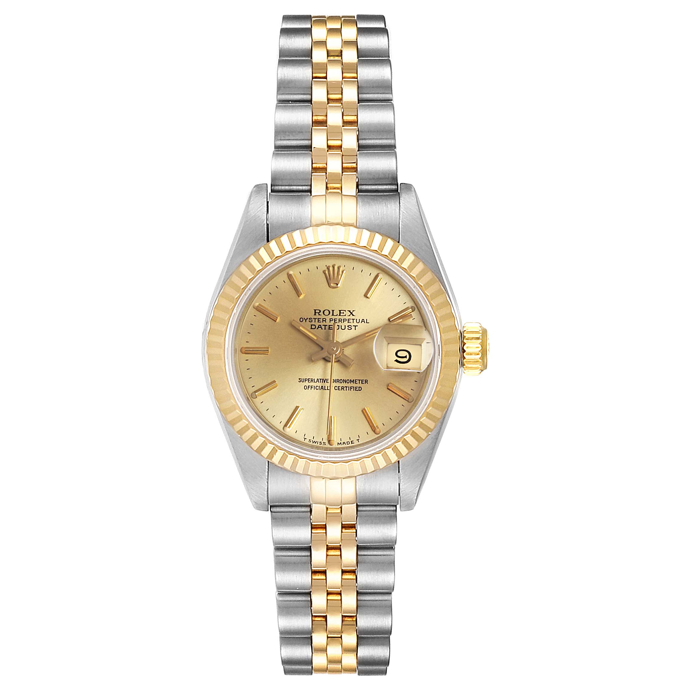 This image shows a front view of a Rolex Datejust 69173 Women
s Steel and Gold (two tone) Champagne Dial 69173 Women
s Steel and Gold (two tone) Champagne Dial watch, highlighting its gold and silver two-tone bracelet and fluted bezel.