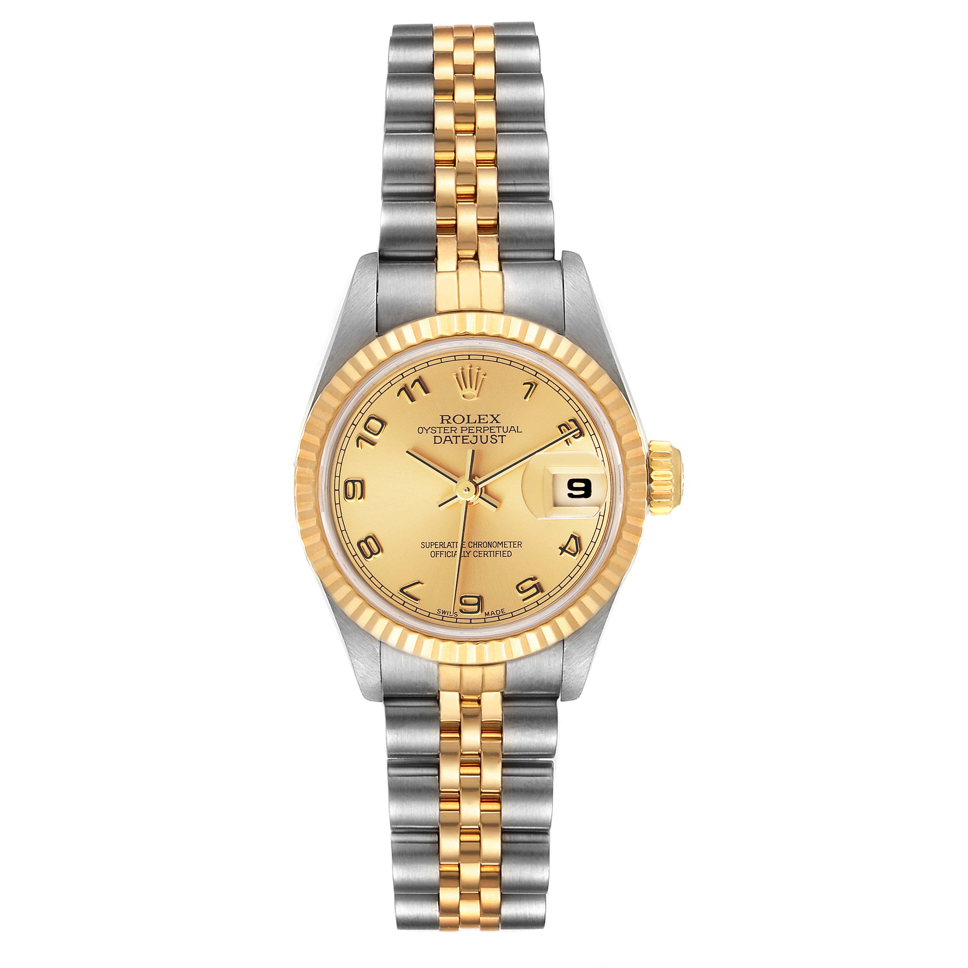 This is a front view of a Rolex Datejust 69173 Women
s Steel and Gold (two tone) Champagne Dial 69173 Women
s Steel and Gold (two tone) Champagne Dial watch showcasing its dial, two-tone bracelet, and embossed bezel.