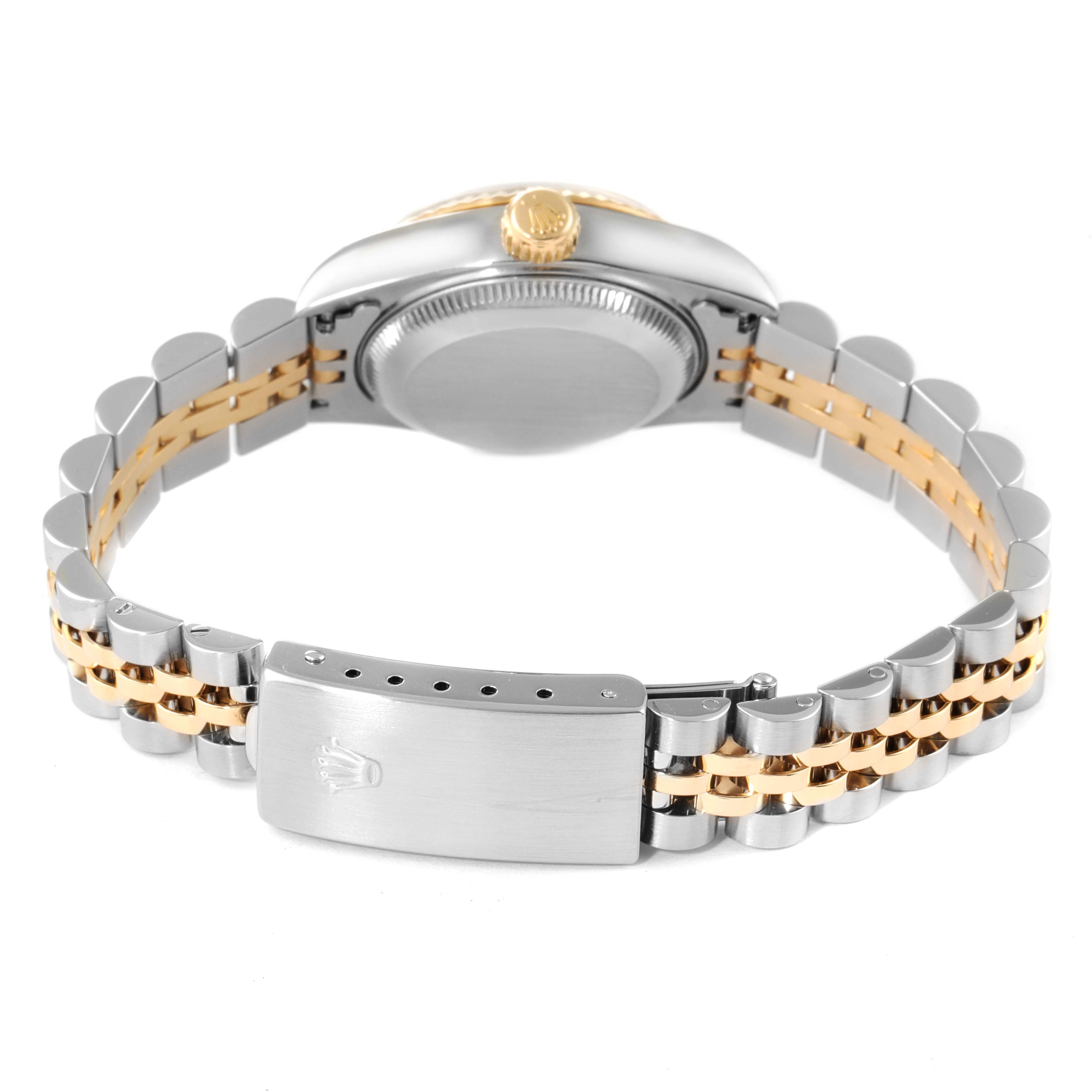 This image shows the back view of a Rolex Datejust 69173 Women
s Steel and Gold (two tone) Champagne Dial 69173 Women
s Steel and Gold (two tone) Champagne Dial watch, highlighting the case back, crown, and bicolor bracelet with clasp.