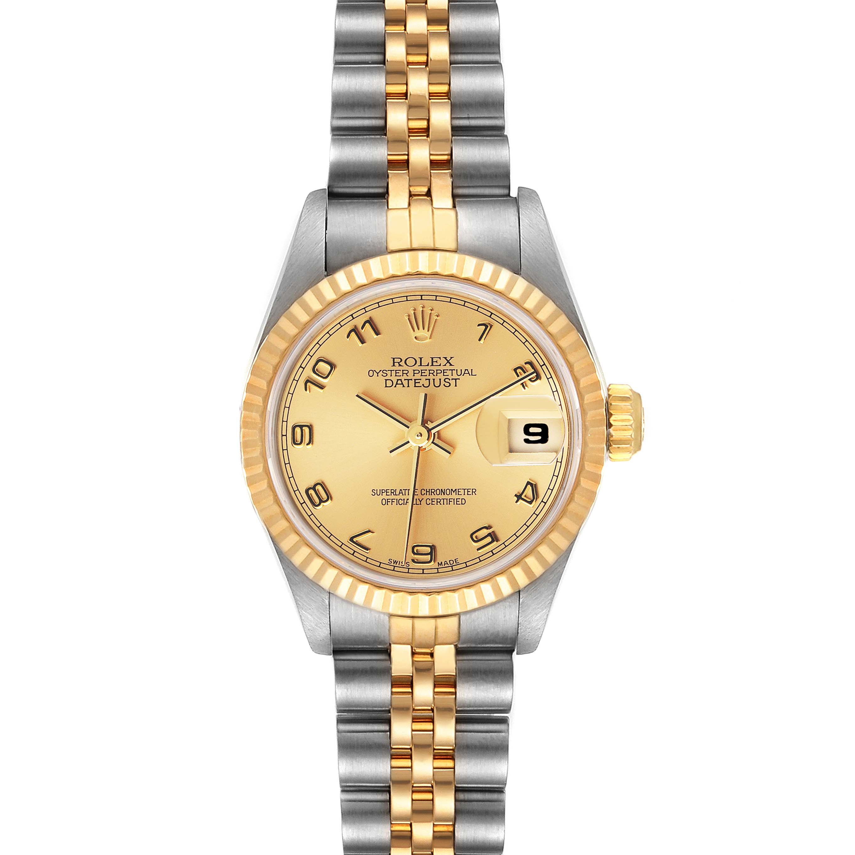 The image shows a front view of a Rolex Datejust 69173 Women
s Steel and Gold (two tone) Champagne Dial 69173 Women
s Steel and Gold (two tone) Champagne Dial watch, featuring a gold and silver bracelet, and a date display at 3 o
clock.