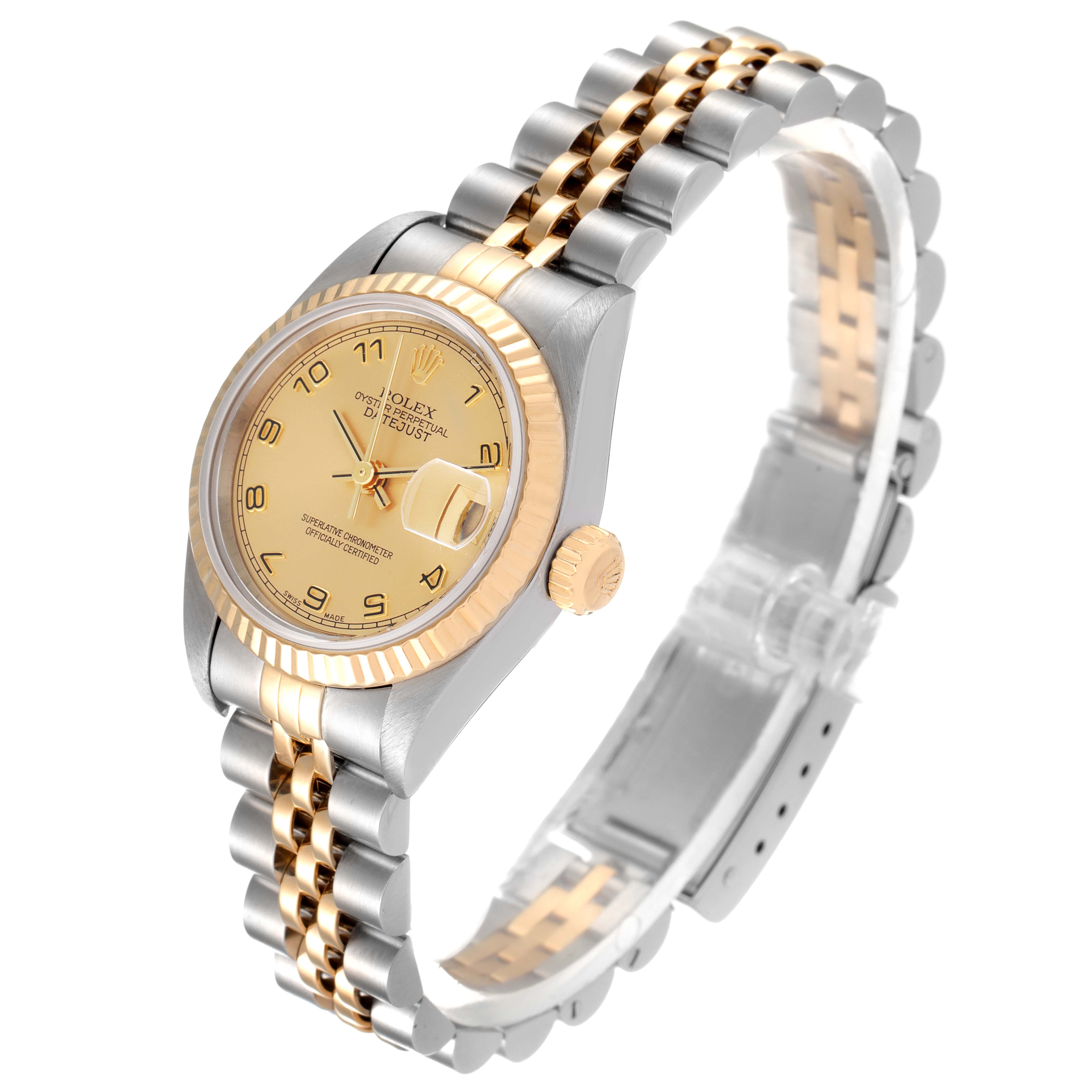 The Rolex Datejust 69173 Women
s Steel and Gold (two tone) Champagne Dial 69173 Women
s Steel and Gold (two tone) Champagne Dial watch is shown from a front angle, displaying its face, bezel, case, and two-tone bracelet.
