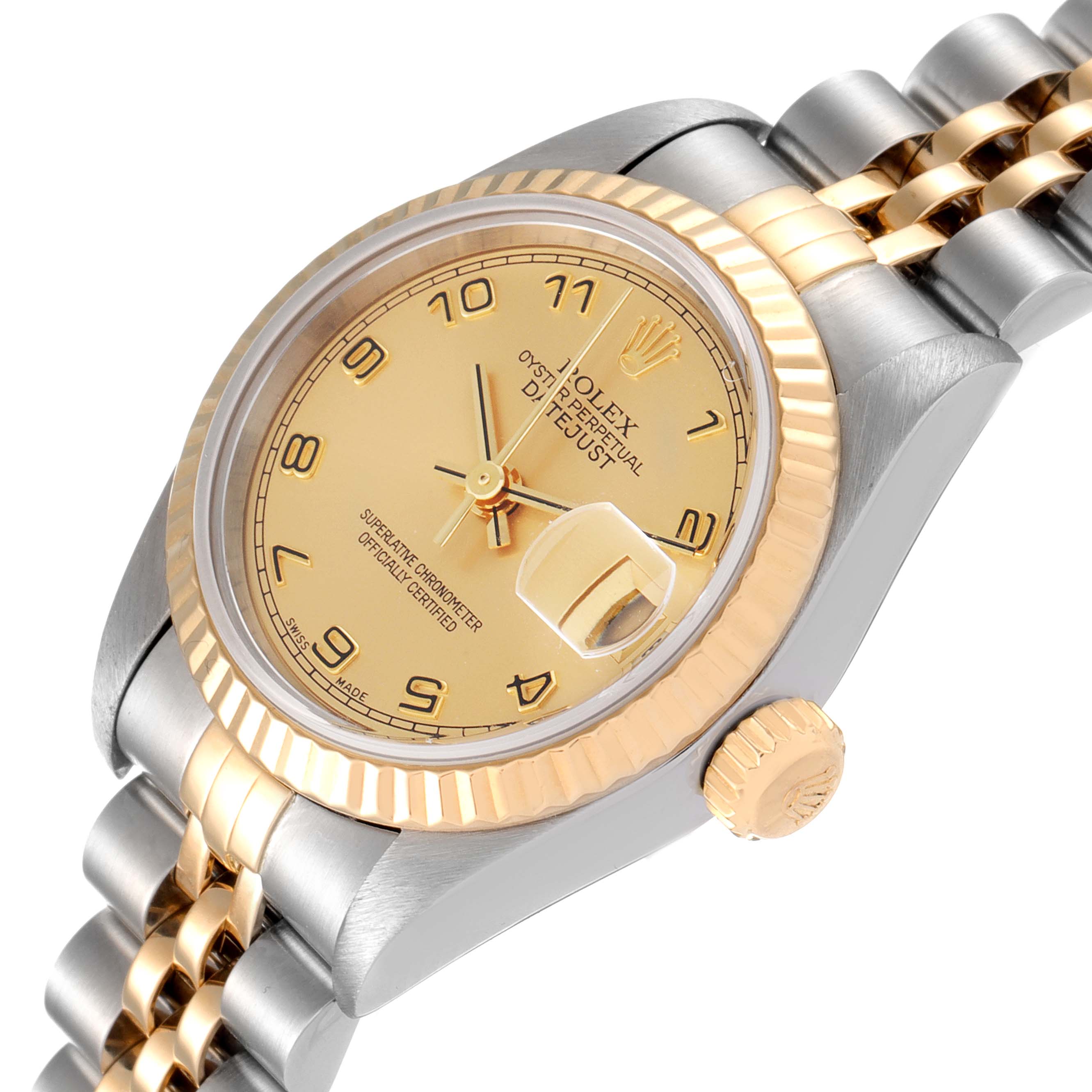 The image shows a close-up angled view of the face and part of the bracelet of the Rolex Datejust 69173 Women
s Steel and Gold (two tone) Champagne Dial 69173 Women
s Steel and Gold (two tone) Champagne Dial watch.
