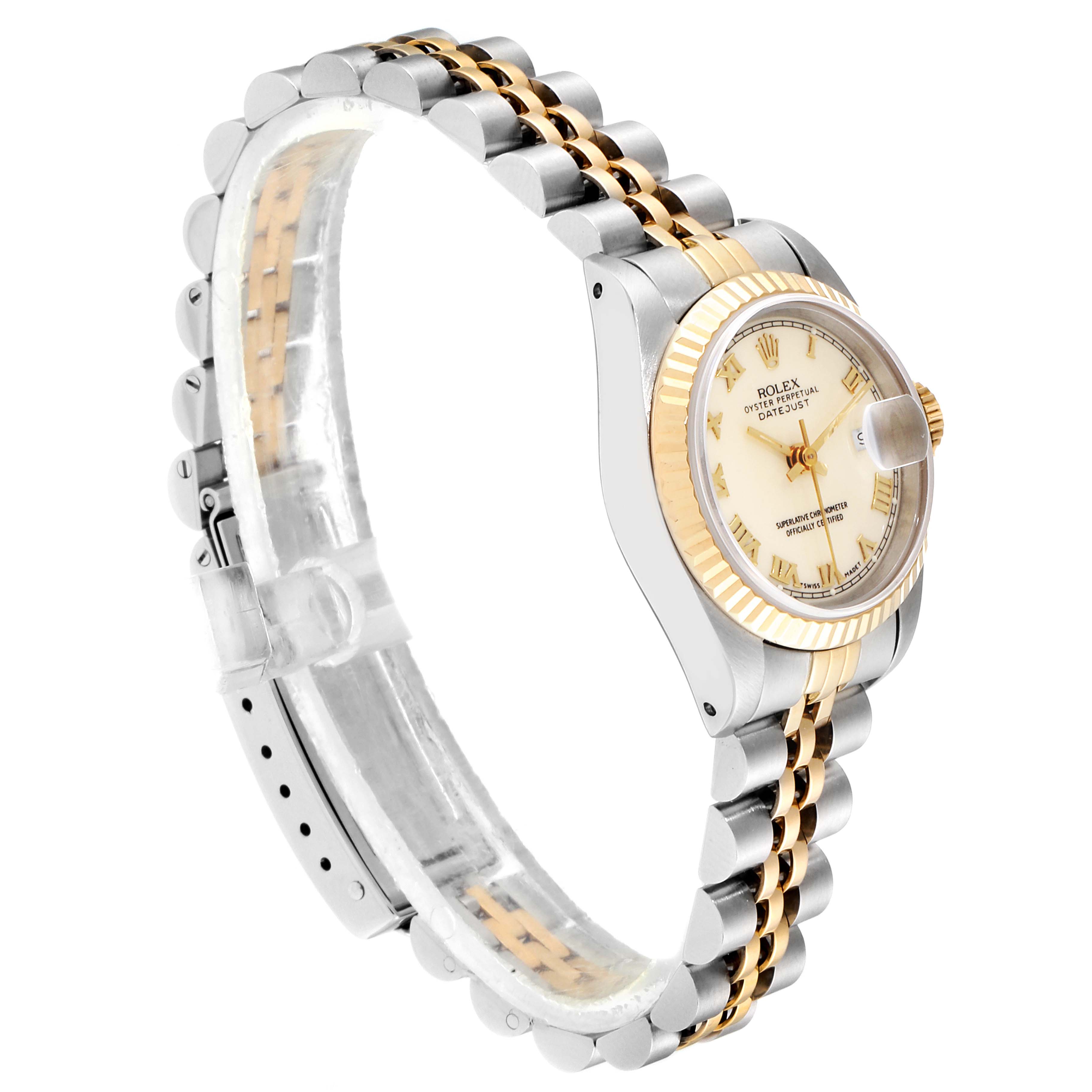 The Rolex Datejust 69173 Women
s Steel and Gold (two tone) Beige Dial 69173 Women
s Steel and Gold (two tone) Beige Dial watch is shown at a side angle highlighting the bezel, dial, and Jubilee bracelet. 