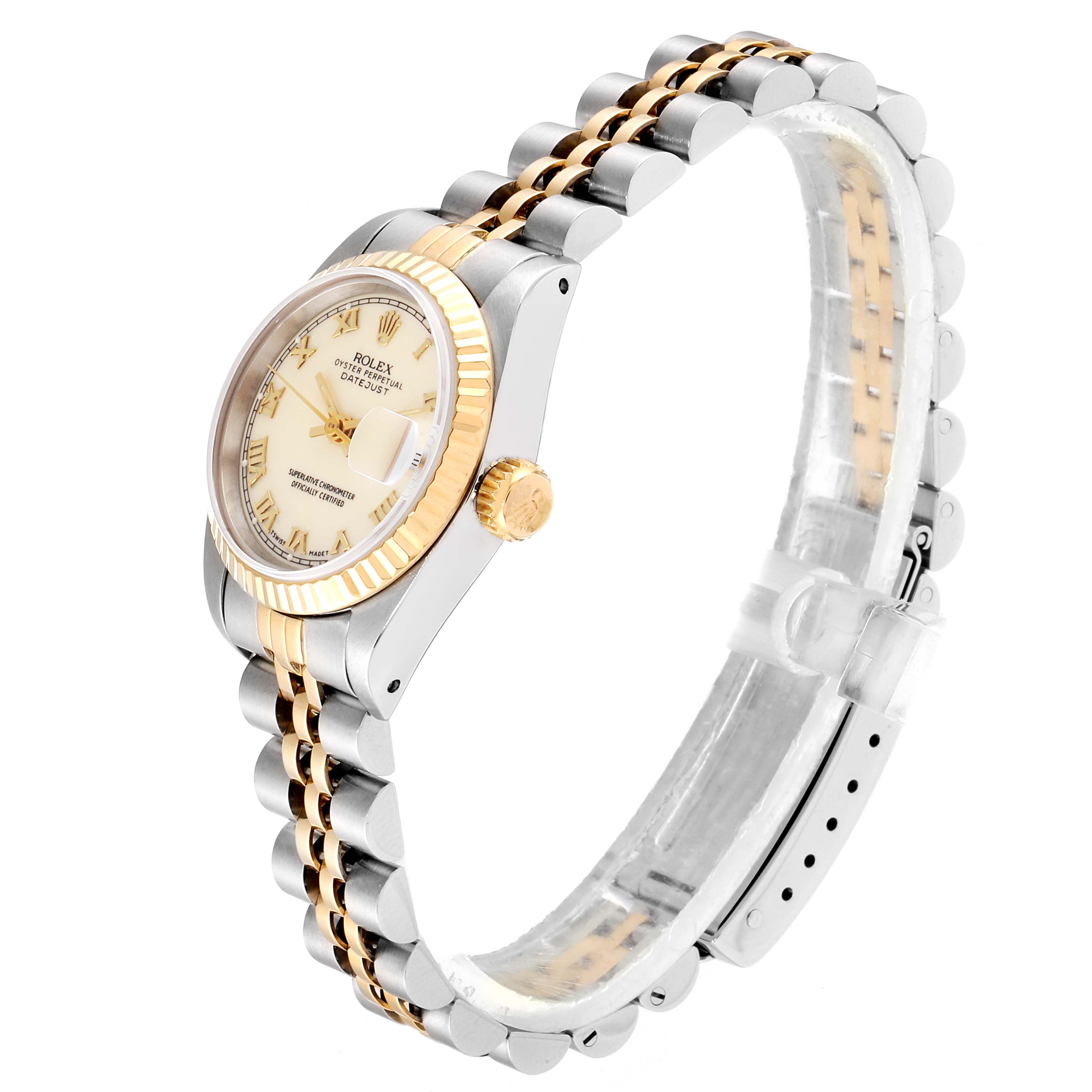 The Rolex Datejust 69173 Women
s Steel and Gold (two tone) Beige Dial 69173 Women
s Steel and Gold (two tone) Beige Dial watch is shown at a slight side angle, displaying its bezel, crown, face, and part of the bracelet.
