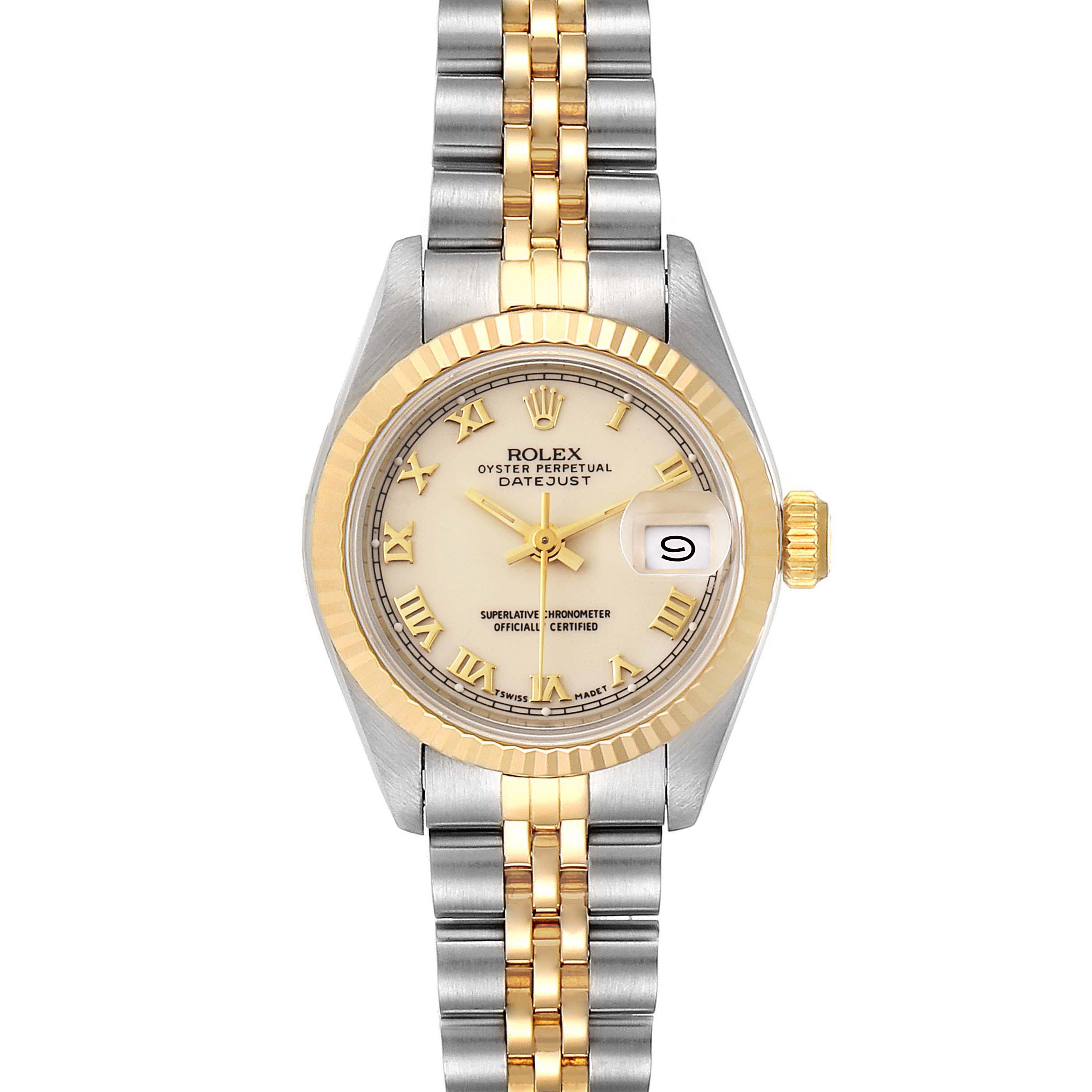 The Rolex Datejust 69173 Women
s Steel and Gold (two tone) Beige Dial 69173 Women
s Steel and Gold (two tone) Beige Dial watch is shown from a front angle, displaying the face, bezel, crown, and bracelet.