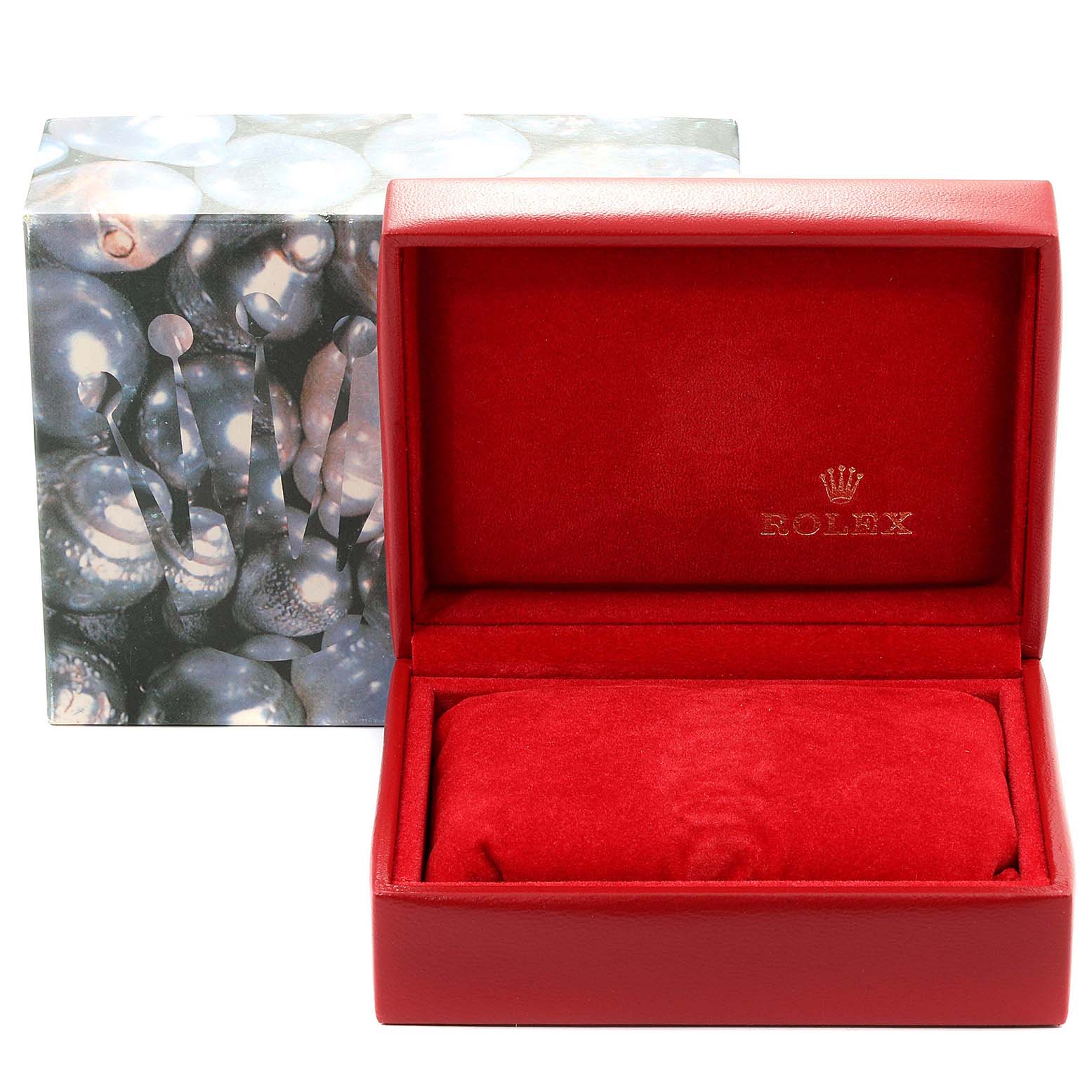 The image shows an empty open Rolex Datejust 69173 Women
s Steel and Gold (two tone) Beige Dial 69173 Women
s Steel and Gold (two tone) Beige Dial watch box with a red inner lining and a corresponding outer box.