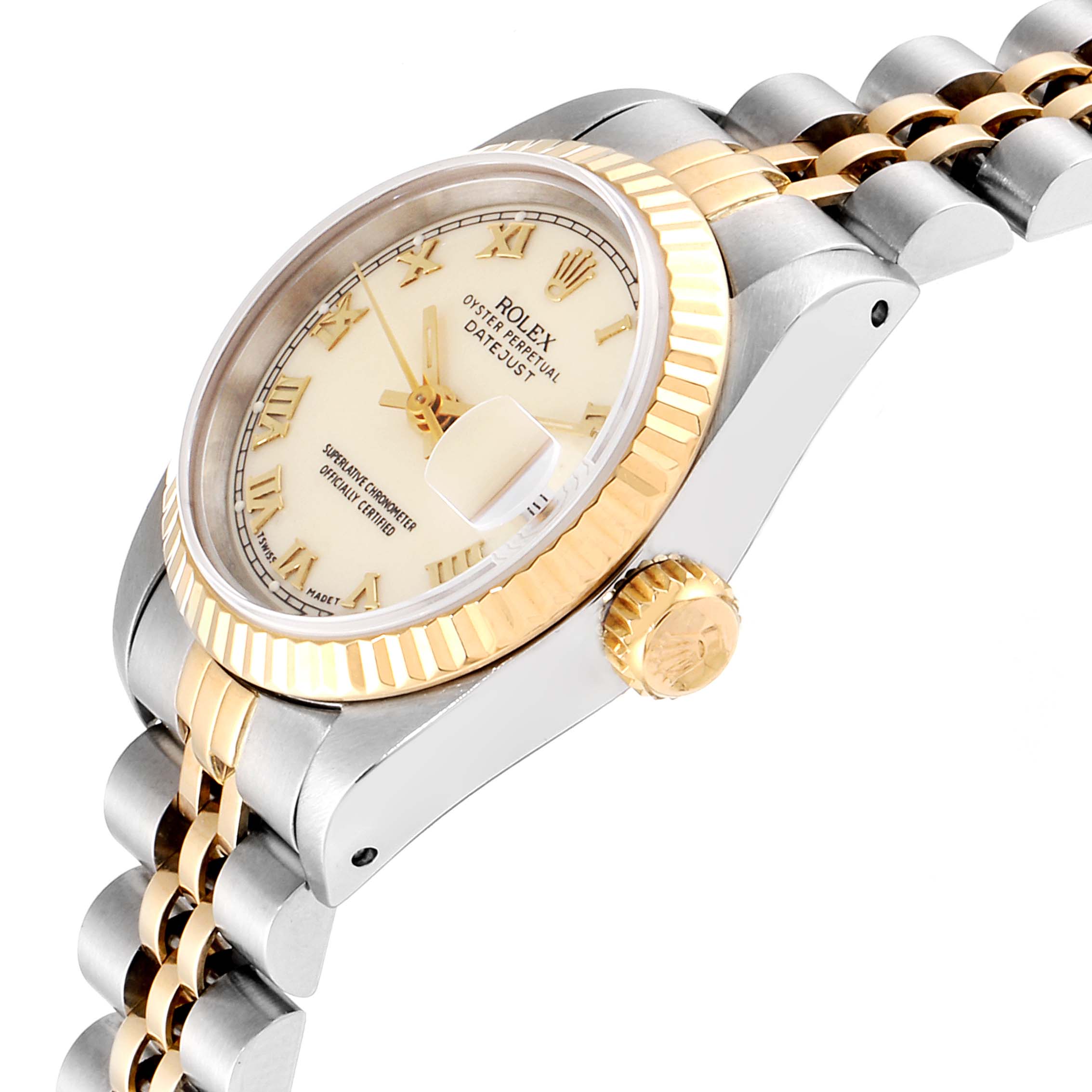 This is a Rolex Datejust 69173 Women
s Steel and Gold (two tone) Beige Dial 69173 Women
s Steel and Gold (two tone) Beige Dial watch shown at a side angle, highlighting the bezel, crown, and bracelet.