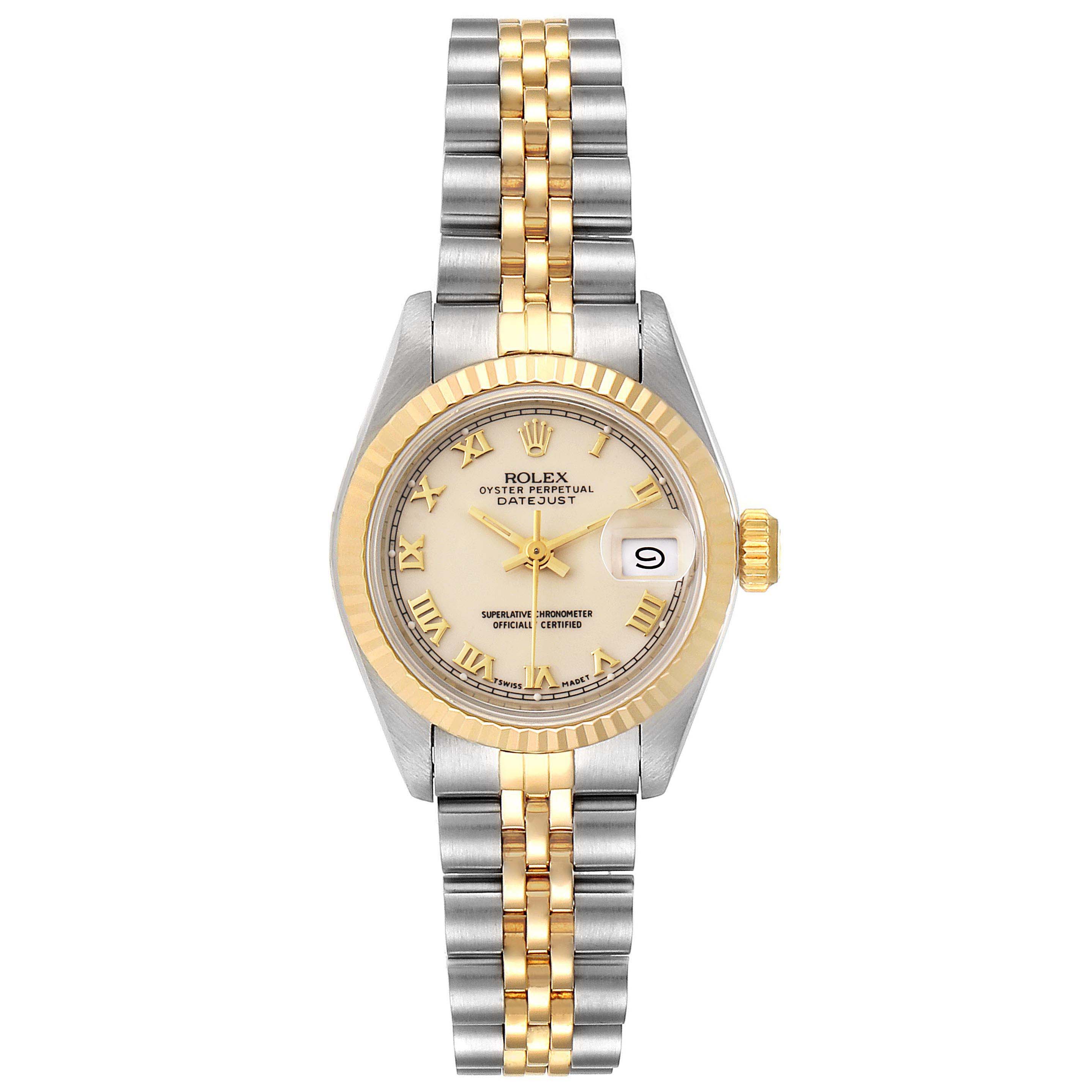 This image shows a Rolex Datejust 69173 Women
s Steel and Gold (two tone) Beige Dial 69173 Women
s Steel and Gold (two tone) Beige Dial watch from a front angle, highlighting its face, bezel, crown, and two-tone bracelet.