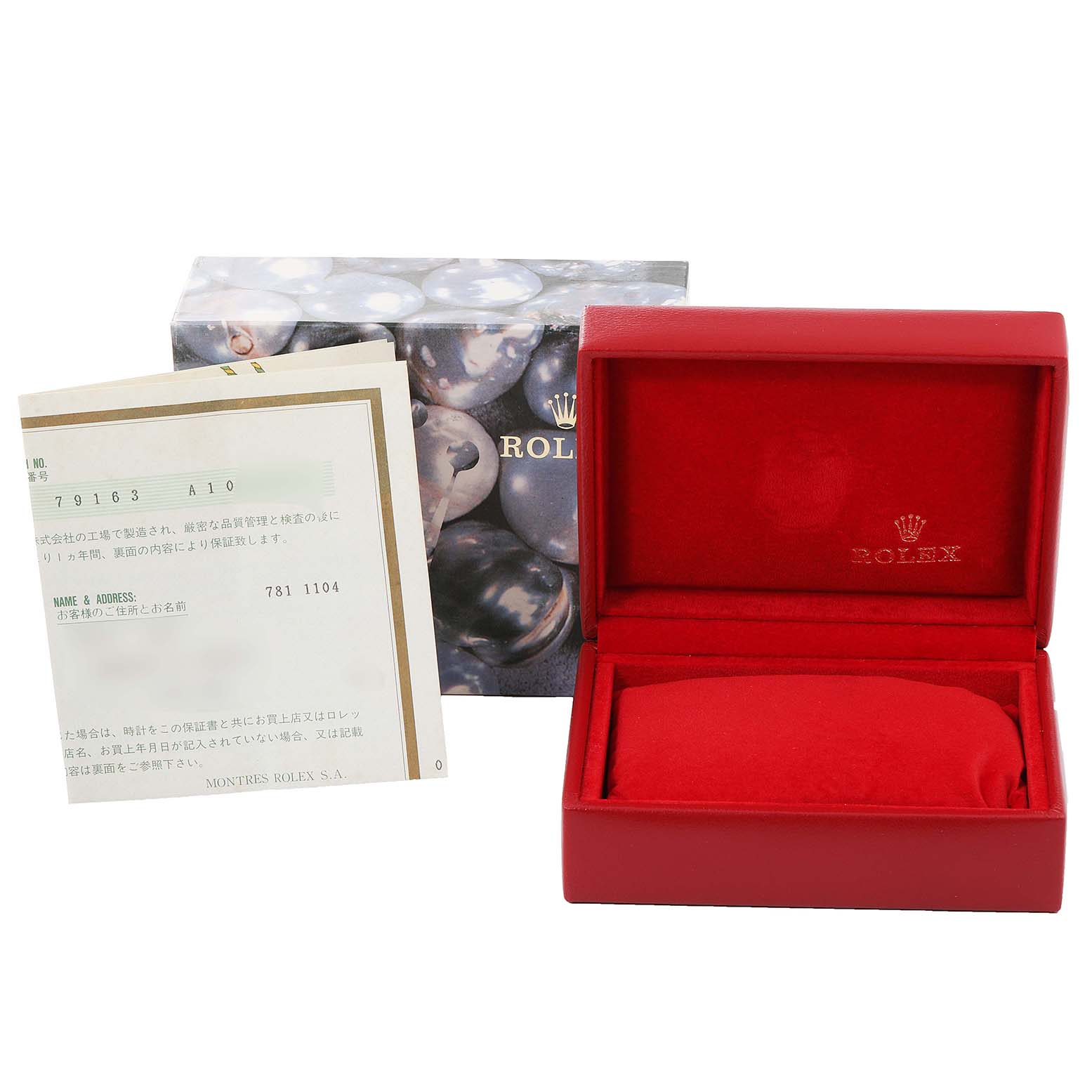 The image shows a Rolex Datejust 79163 Women
s Steel and Gold (two tone) Grey Dial 79163 Women
s Steel and Gold (two tone) Grey Dial watch box, warranty card, and outer packaging, all photographed from the front.