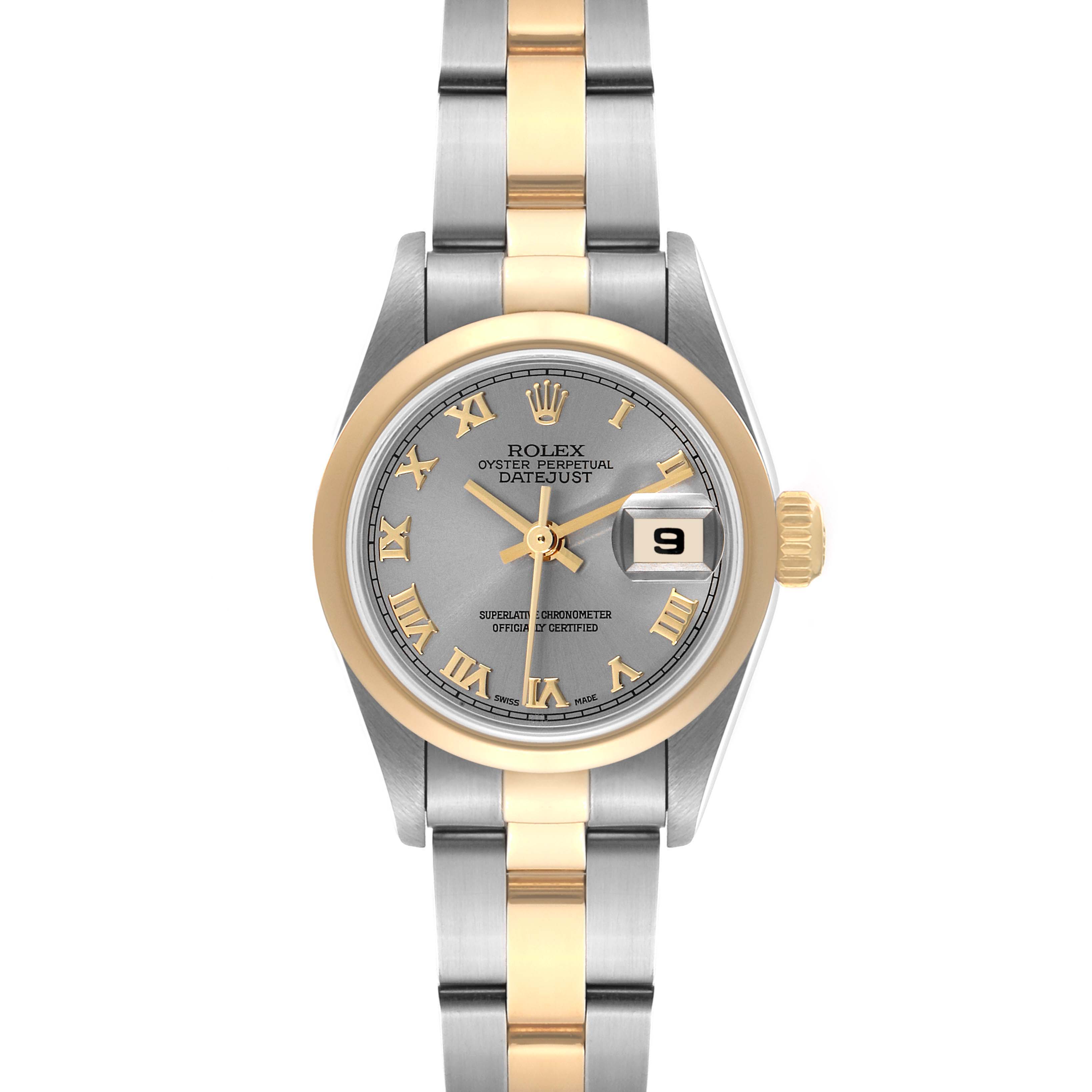 This is a head-on view of a Rolex Datejust 79163 Women
s Steel and Gold (two tone) Grey Dial 79163 Women
s Steel and Gold (two tone) Grey Dial watch showing the dial, bezel, and bracelet.
