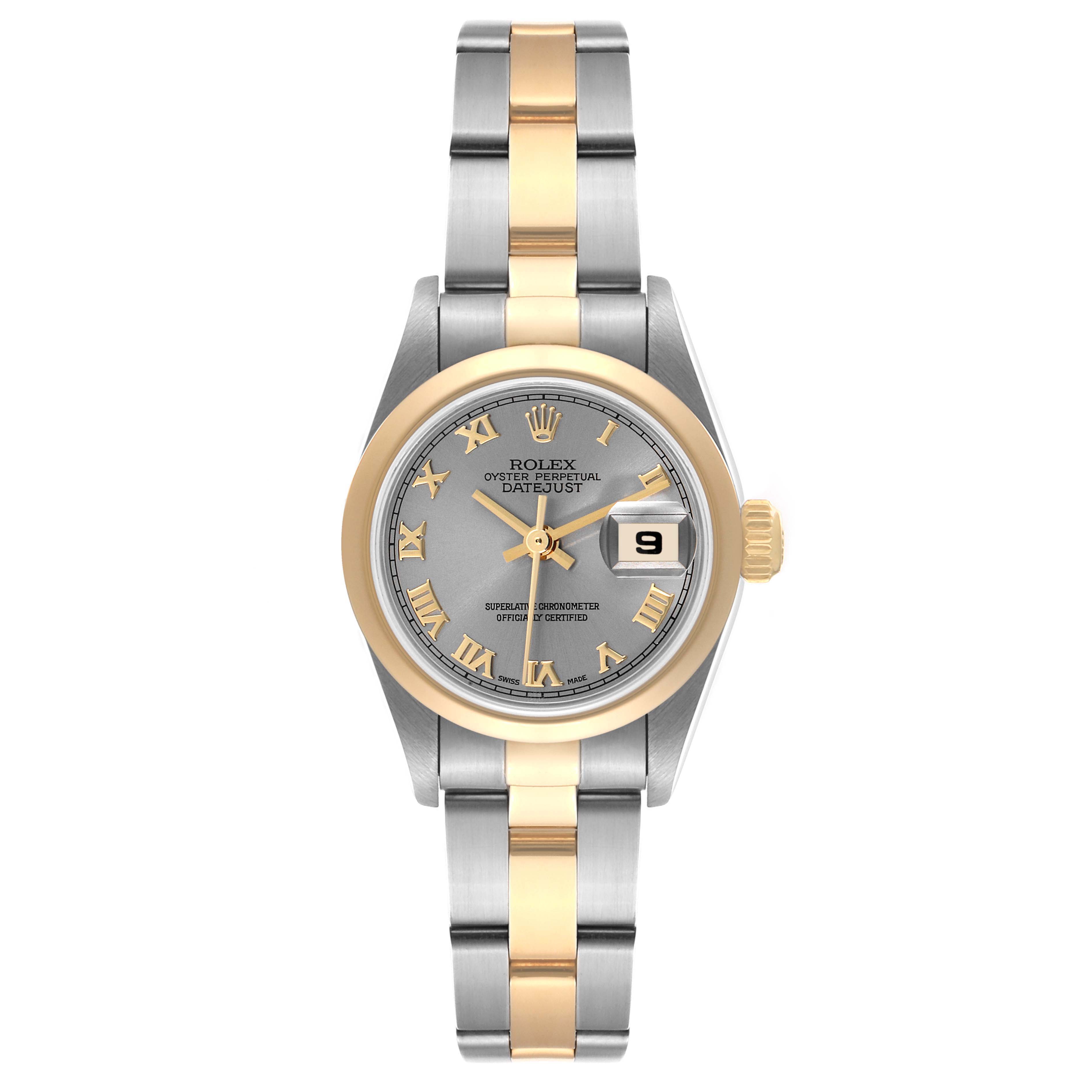 The image shows a front view of the Rolex Datejust 79163 Women
s Steel and Gold (two tone) Grey Dial 79163 Women
s Steel and Gold (two tone) Grey Dial watch, featuring its dial, bracelet, bezel, and date display.