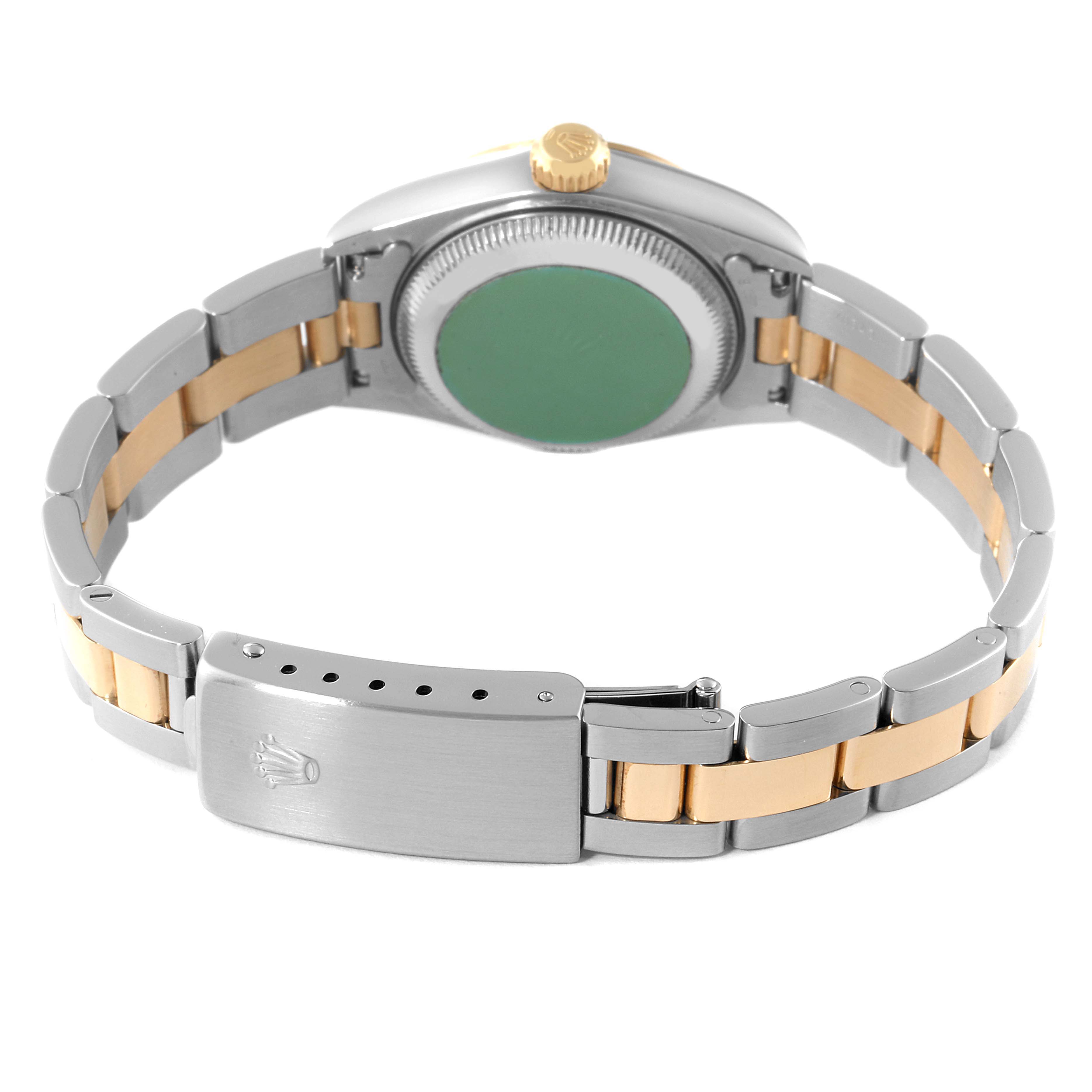 This image shows the back view of the Rolex Datejust 79163 Women
s Steel and Gold (two tone) Grey Dial 79163 Women
s Steel and Gold (two tone) Grey Dial watch, highlighting the clasp, bracelet, case back, and crown.